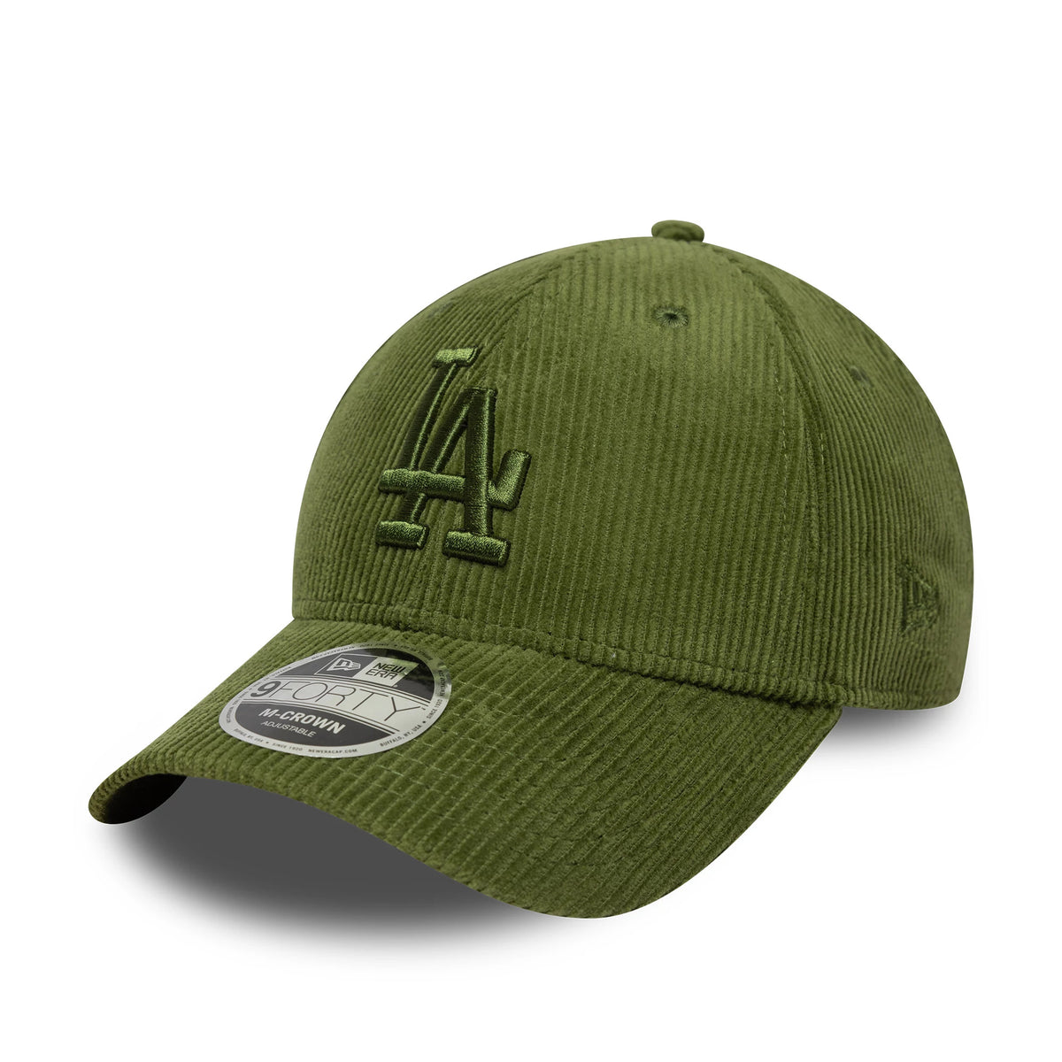 LA Dodgers MLB Cord Dark Green New Era 9FORTY M-Crown Adjustable Cap, three-quarter view showing a raised dark green LA logo on the front panel, with a 9FORTY size sticker on the curved green visor.