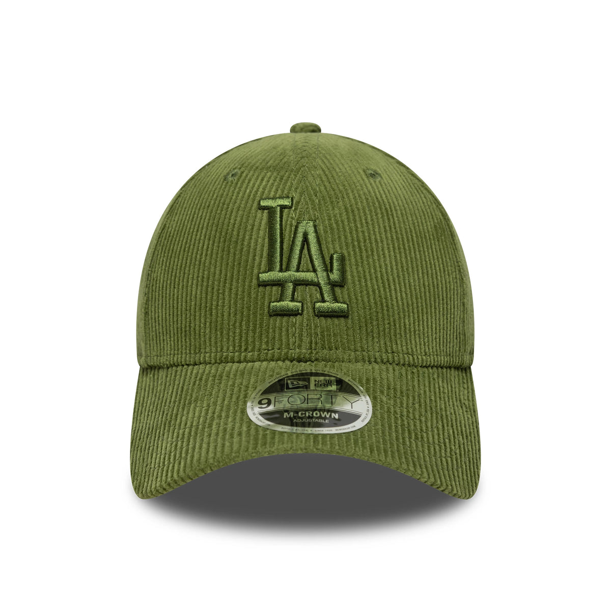 LA Dodgers MLB Cord Dark Green New Era 9FORTY M-Crown Adjustable Cap, front view showing a raised embroidered LA logo in matching dark green on the corduroy fabric and featuring a 9FORTY size sticker on the curved visor.