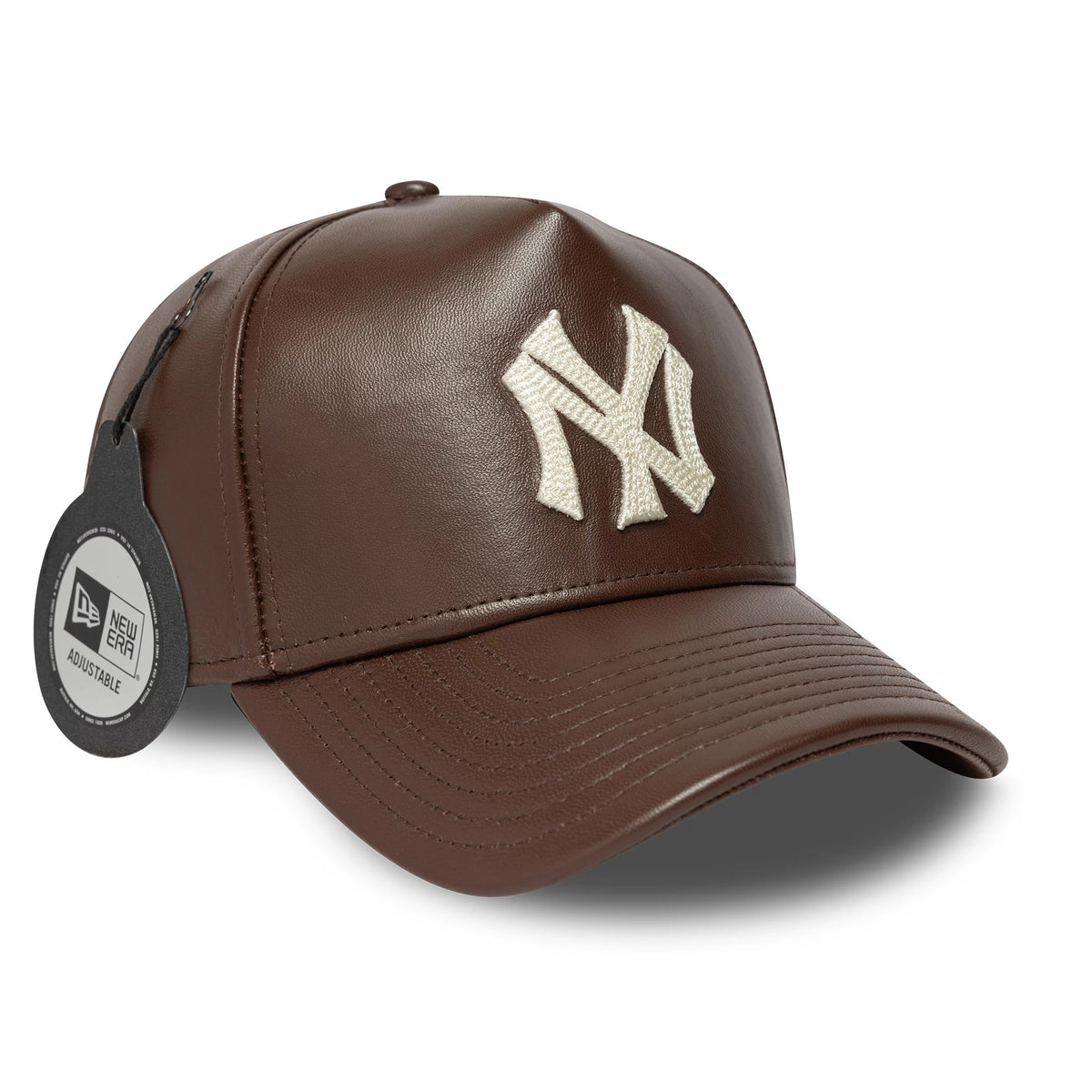 New York Yankees MLB Leather Dark Brown New Era 9FORTY E-Frame Adjustable Cap, three-quarter view with a prominent white embroidered NY logo on the front panel and a curved dark brown visor, featuring a New Era size sticker on the left side.