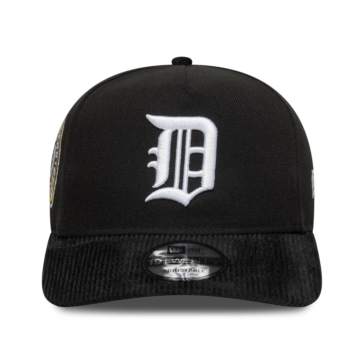Detroit Tigers MLB Cooperstown Cord Black New Era 19TWENTY Adjustable Cap, front view showing the raised white embroidered D logo on the front panel, with a black corduroy visor and a 19TWENTY size sticker.