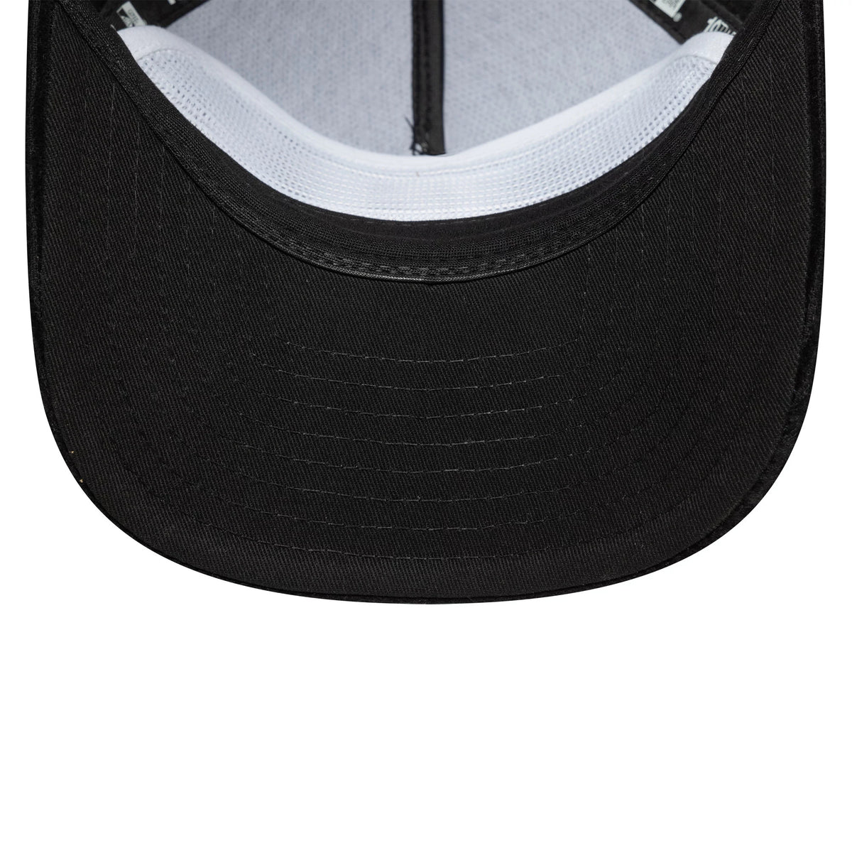 Detroit Tigers MLB Cooperstown Cord Black New Era 19TWENTY Adjustable Cap, inside view showing the black undervisor, white mesh sweatband, and black interior taping along the seams for added support and comfort.