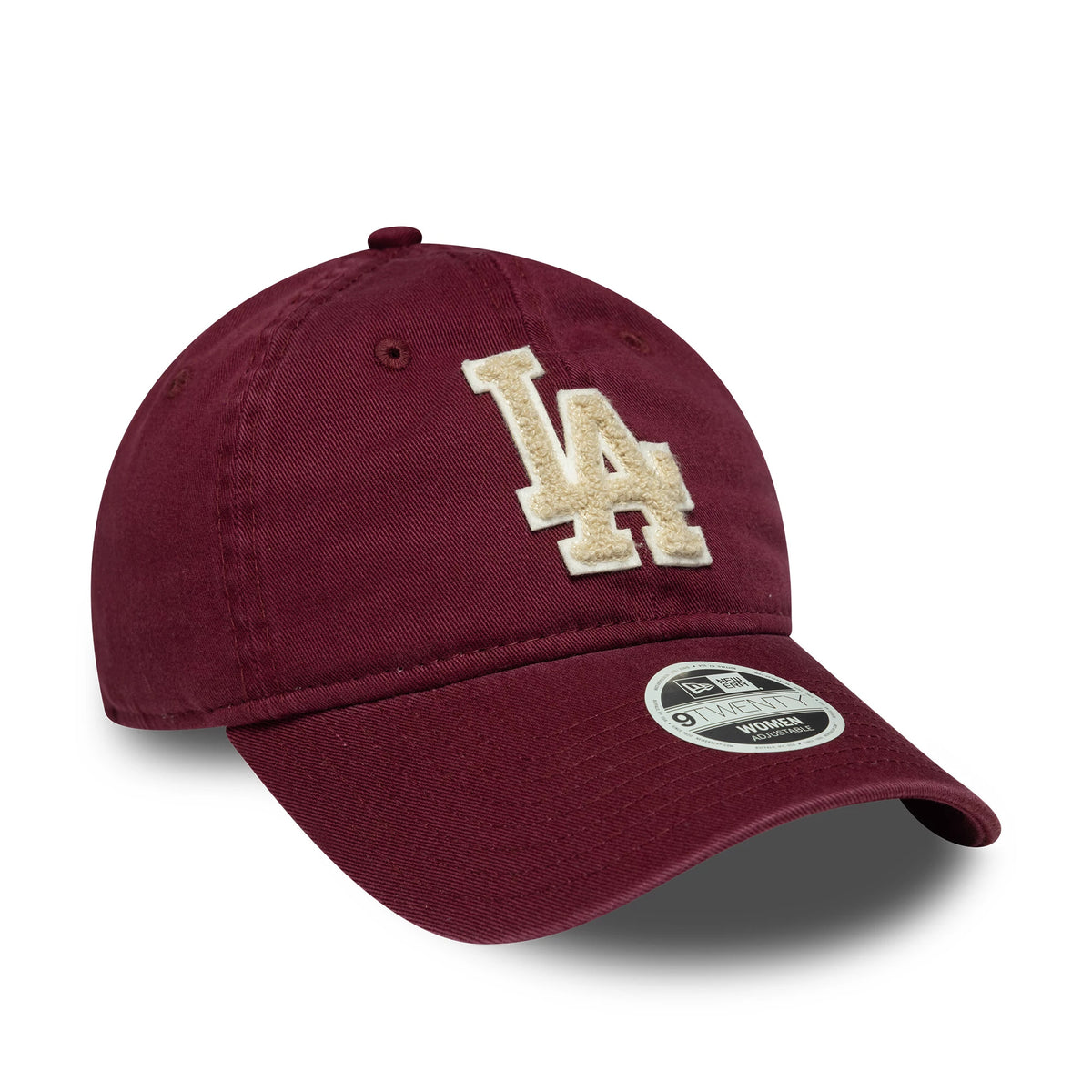 LA Dodgers Womens MLB Boucle Dark Red New Era 9TWENTY Adjustable Cap, three-quarter view with a cream boucle LA logo in raised embroidery on the front panel and an LA Dodgers New Era 9TWENTY size sticker on the curved visor.