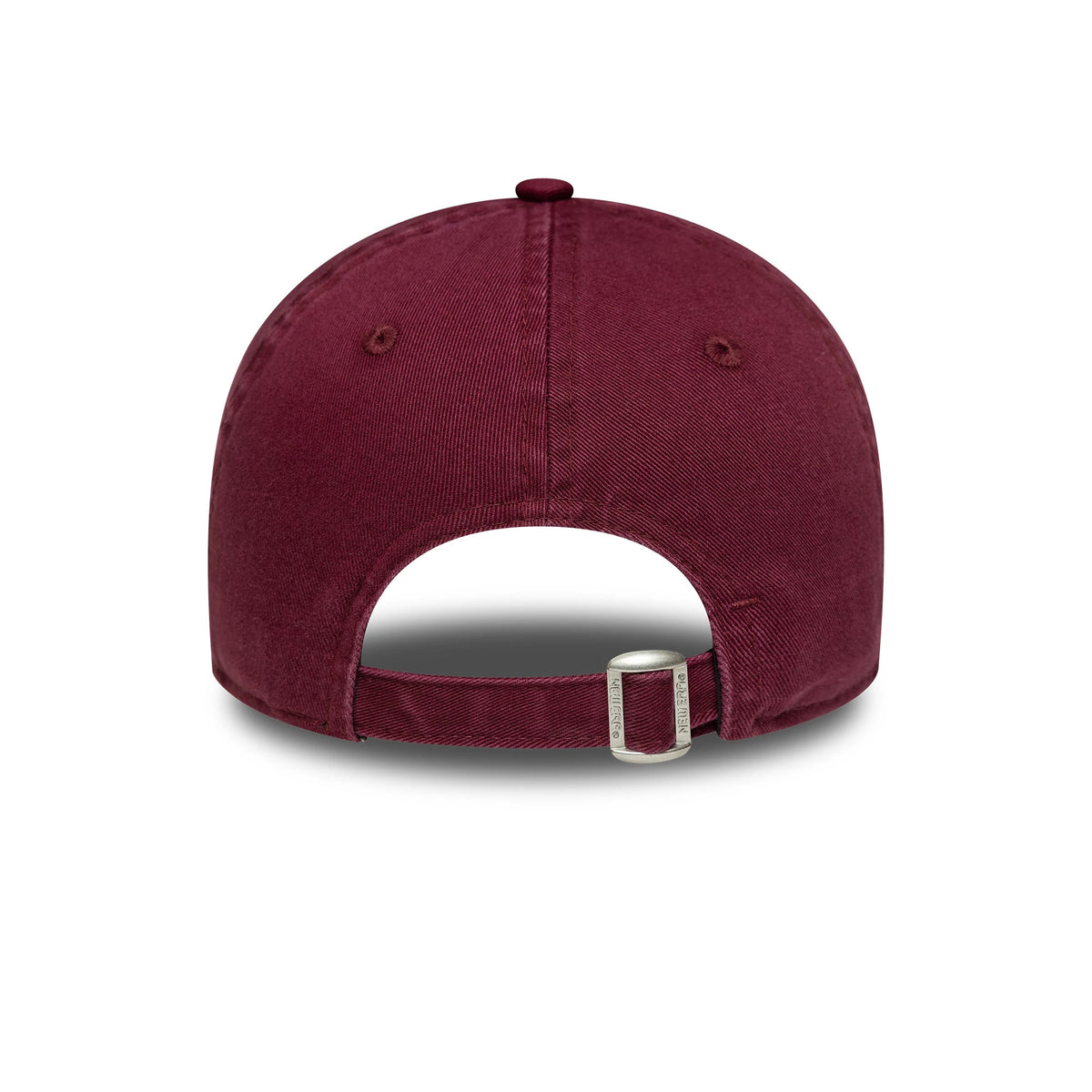 LA Dodgers Womens MLB Boucle Dark Red New Era 9TWENTY Adjustable Cap, rear view showing the unstructured crown with an adjustable strap and buckle for a custom fit, enhanced by eyelets and a matching top button.