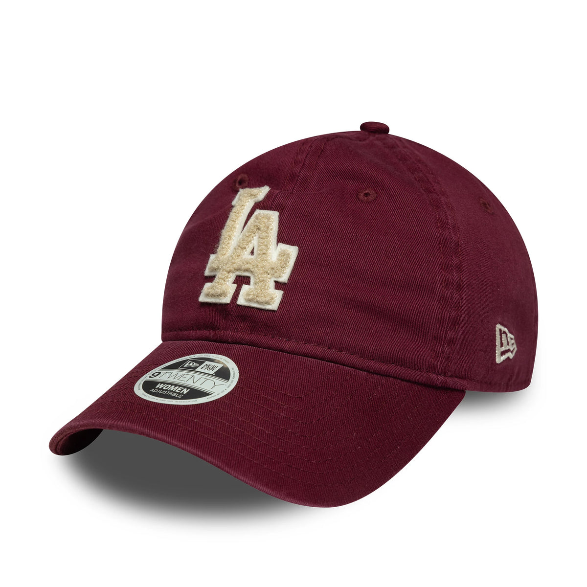 LA Dodgers Womens MLB Boucle Dark Red New Era 9TWENTY Adjustable Cap, front view showing the textured cream embroidered LA logo on the structured maroon crown, with a curved visor and 9TWENTY size sticker.