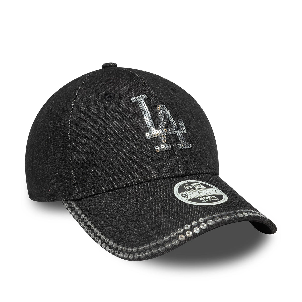 LA Dodgers Womens MLB Sequin Black New Era 9FORTY Adjustable Cap, front view with a silver sequin LA logo on the black crown and a coordinating sequin visor edge, featuring a 9FORTY size sticker on the curved black visor.