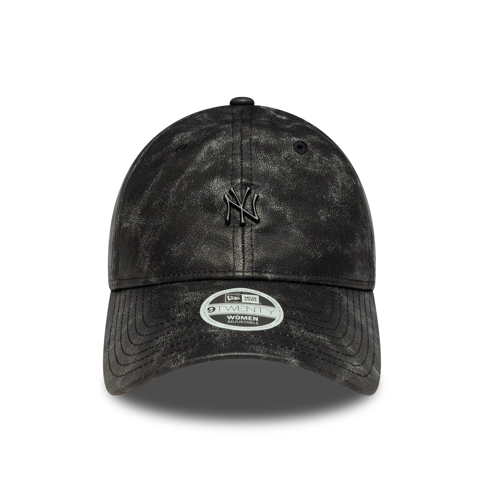 New York Yankees Womens MLB Worn PU Black New Era 9TWENTY Adjustable Cap, front view showing the black NY logo in raised embroidery on the textured black crown and the 9TWENTY size sticker on the curved visor.