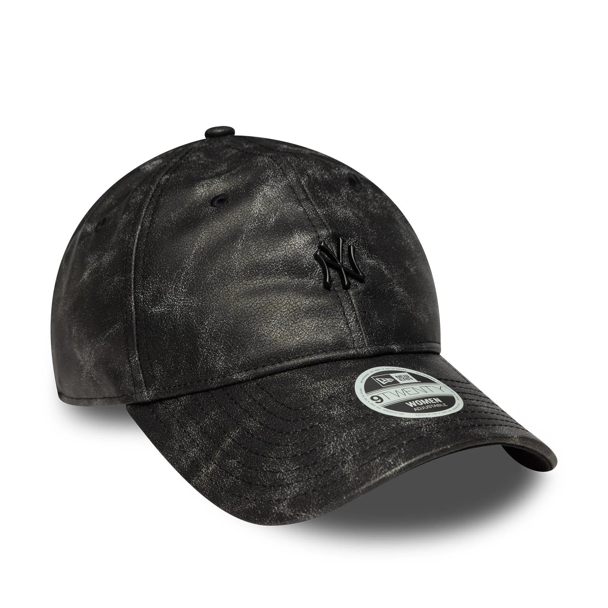 New York Yankees Womens MLB Worn PU Black New Era 9TWENTY Adjustable Cap, three-quarter view with a black embroidered NY logo on the front panel and a 9TWENTY size sticker on the curved visor.