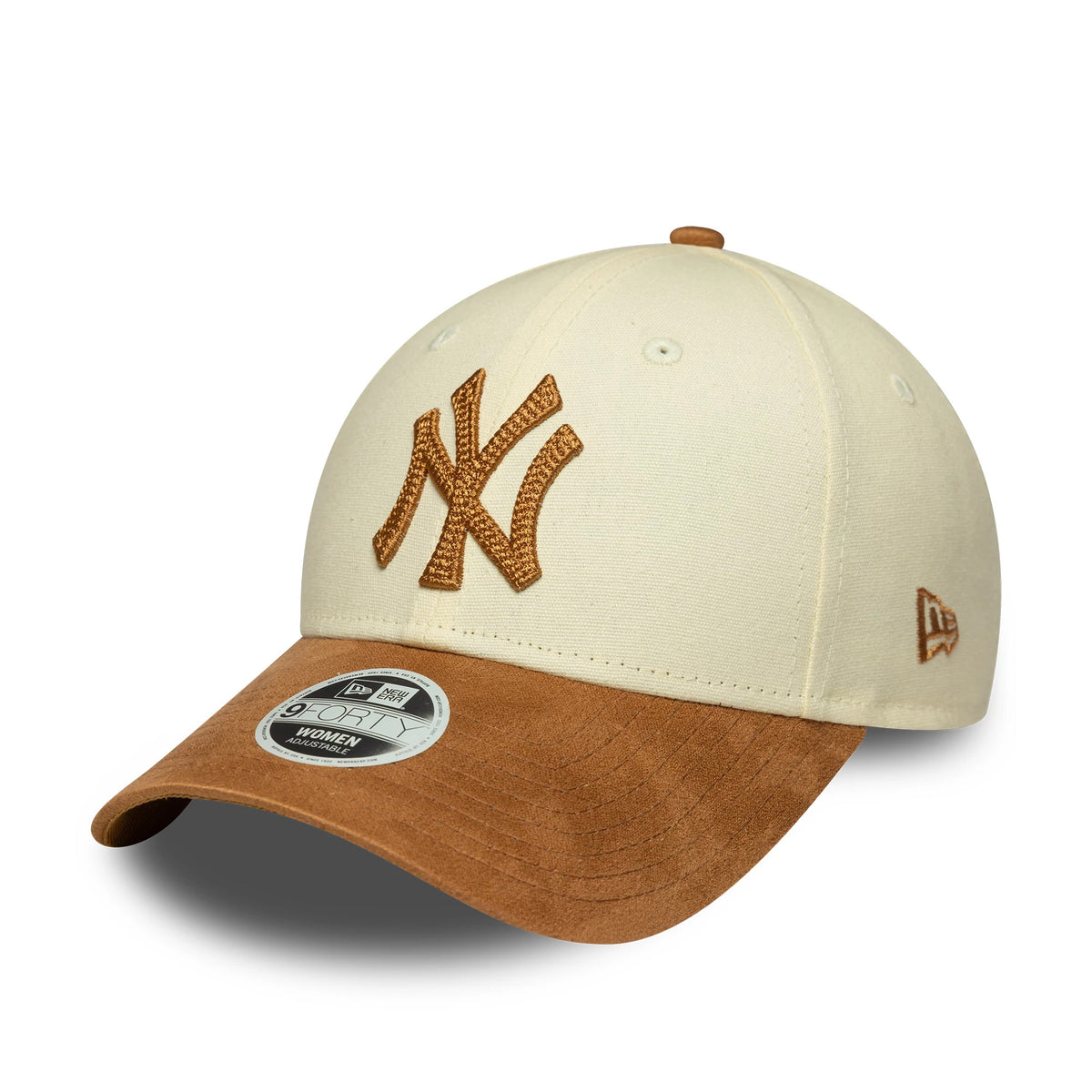 New York Yankees Womens MLB Faux Suede Cream New Era 9FORTY Adjustable Cap, three-quarter view showing the brown embroidered NY logo on the front panel, cream crown, brown faux suede visor and New Era flag on the left side with 9FORTY size sticker.