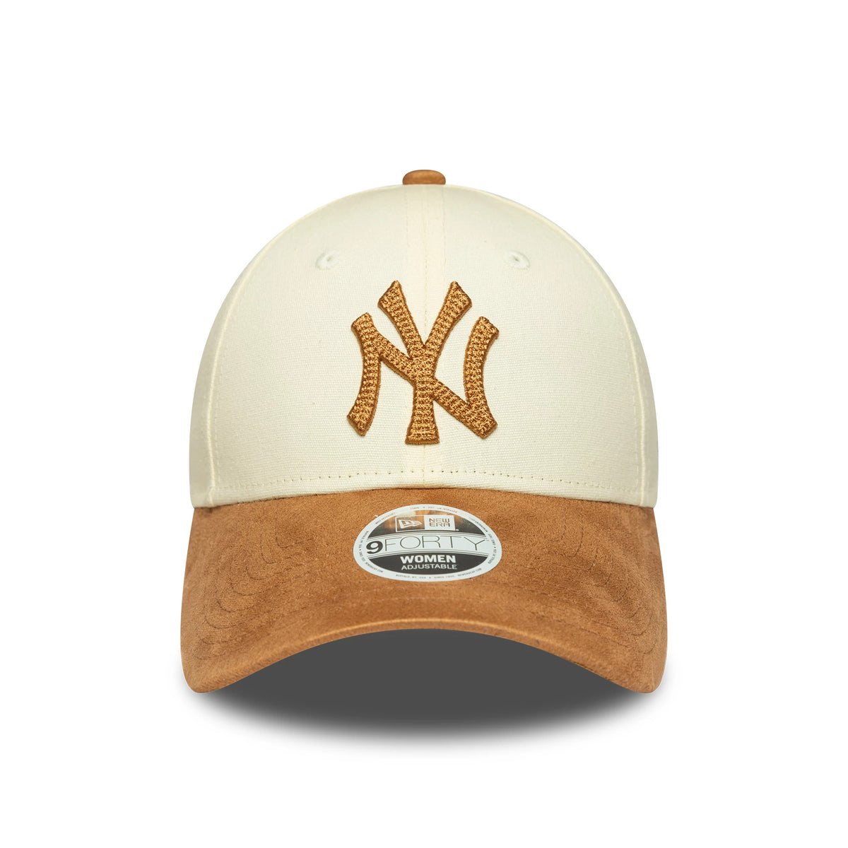 New York Yankees Womens MLB Faux Suede Cream New Era 9FORTY Adjustable Cap, front view showing the raised brown embroidered NY logo on the cream crown, with a brown suede visor and a 9FORTY size sticker.