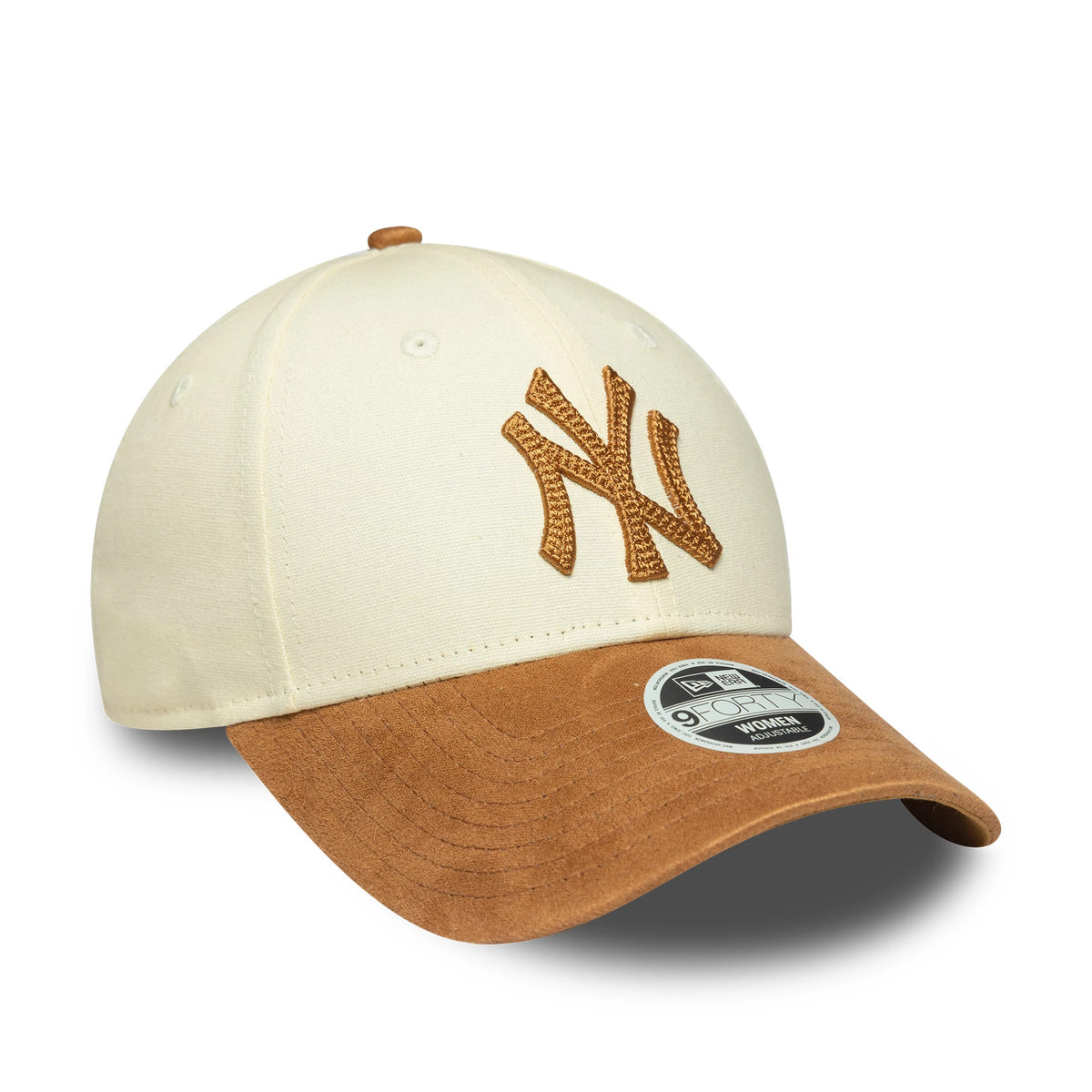 New York Yankees Womens MLB Faux Suede Cream New Era 9FORTY Adjustable Cap, three-quarter view showing a raised brown embroidered team logo on the front cream panel, brown faux suede visor and a 9FORTY size sticker on the visor.