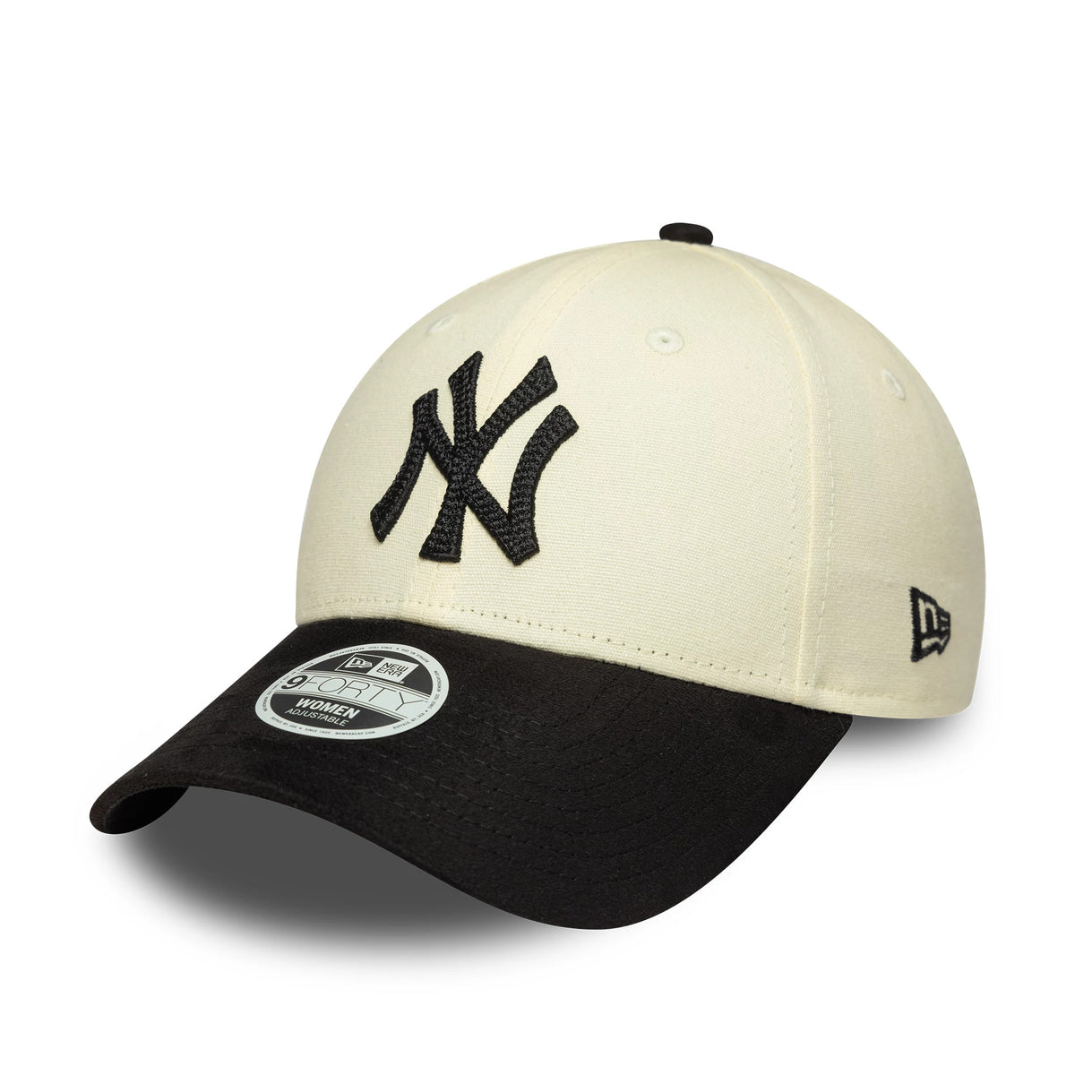 New York Yankees Womens MLB Faux Suede Light Beige New Era 9FORTY Adjustable Cap, front view showing a raised black NY logo on the beige crown, a contrasting black curved visor with a 9FORTY size sticker, and the New Era flag logo on the left side.