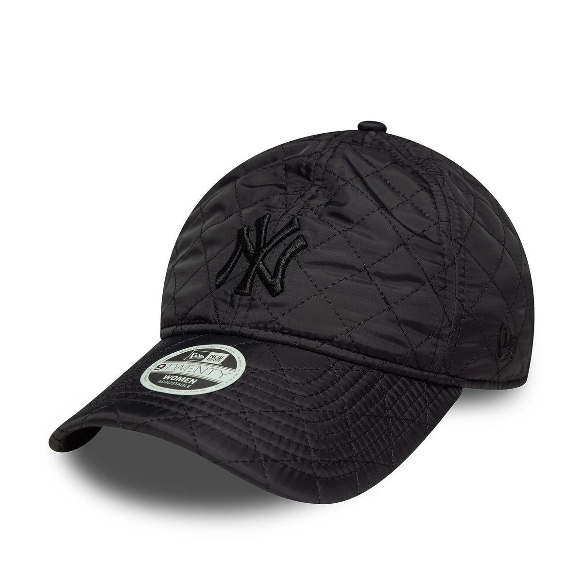 New York Yankees Womens MLB Padded Black New Era 9TWENTY Adjustable Cap, three-quarter view showing a black embroidered NY logo on the padded quilted front panel, with a curved visor and a 9TWENTY size sticker.