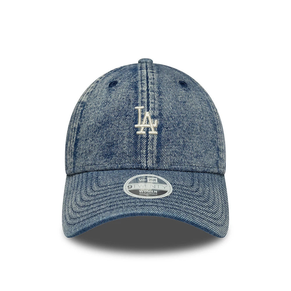 LA Dodgers Womens MLB Denim Blue New Era 9TWENTY Adjustable Cap, front view showing a white raised embroidered LA logo on the soft blue denim crown, with a curved visor and a 9TWENTY size sticker on the visor.