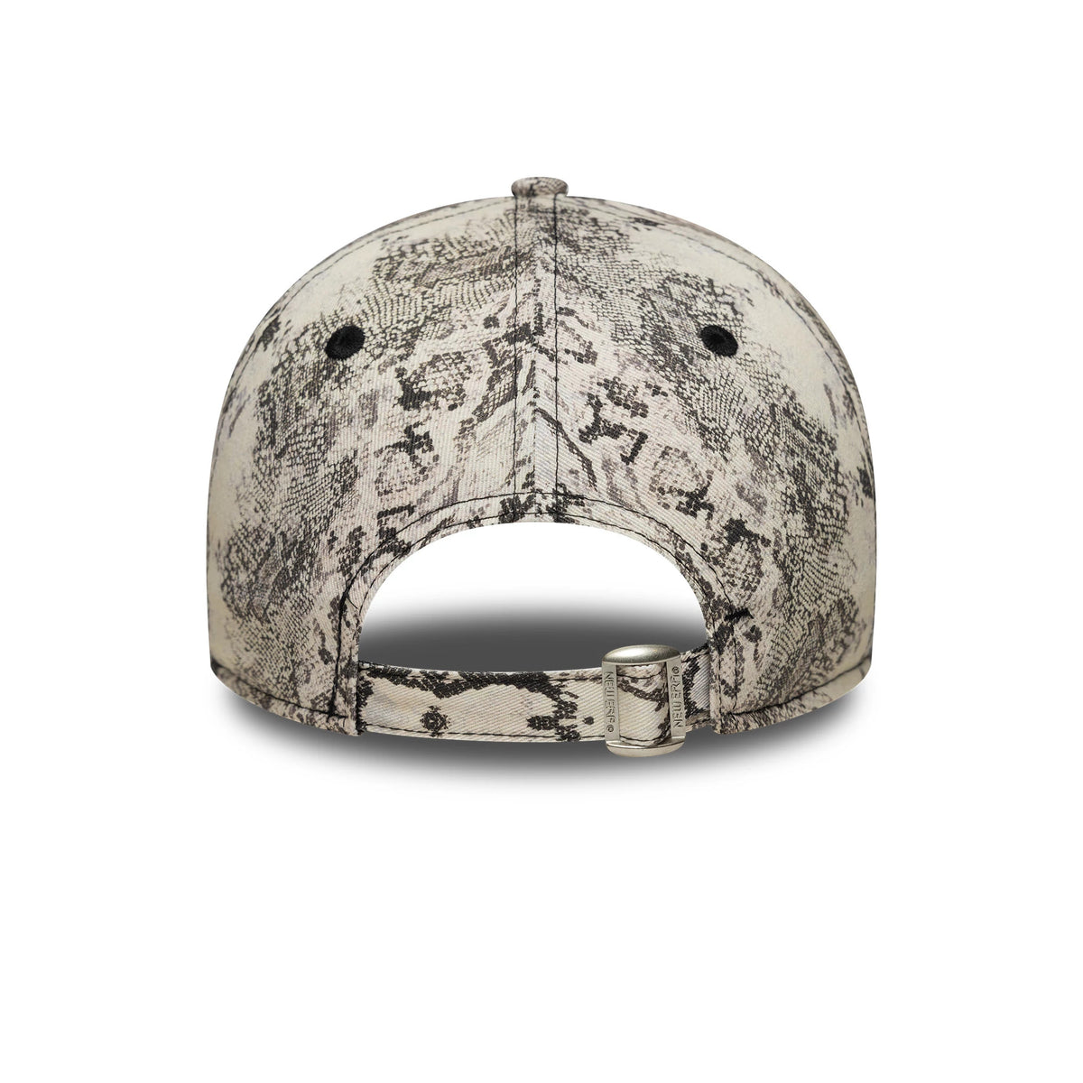 New York Yankees Womens MLB Snake Grey New Era 9FORTY Adjustable Cap, rear view showing the unique snake pattern covering the crown and adjustable strap with a clasp, and black embroidered eyelets on the side panels.