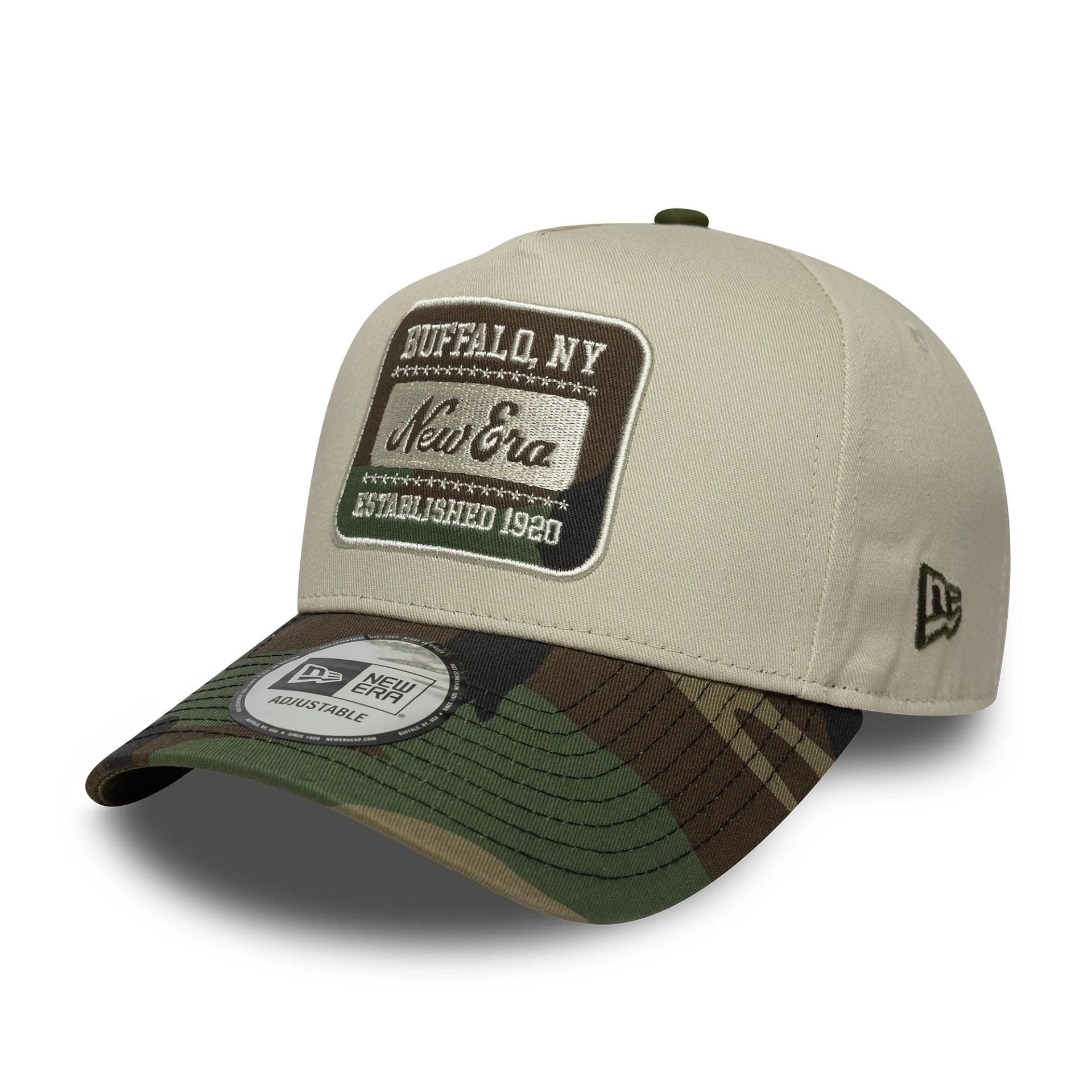 This is a New Era Camo Patch Cream 9FORTY E-Frame Adjustable Cap 1