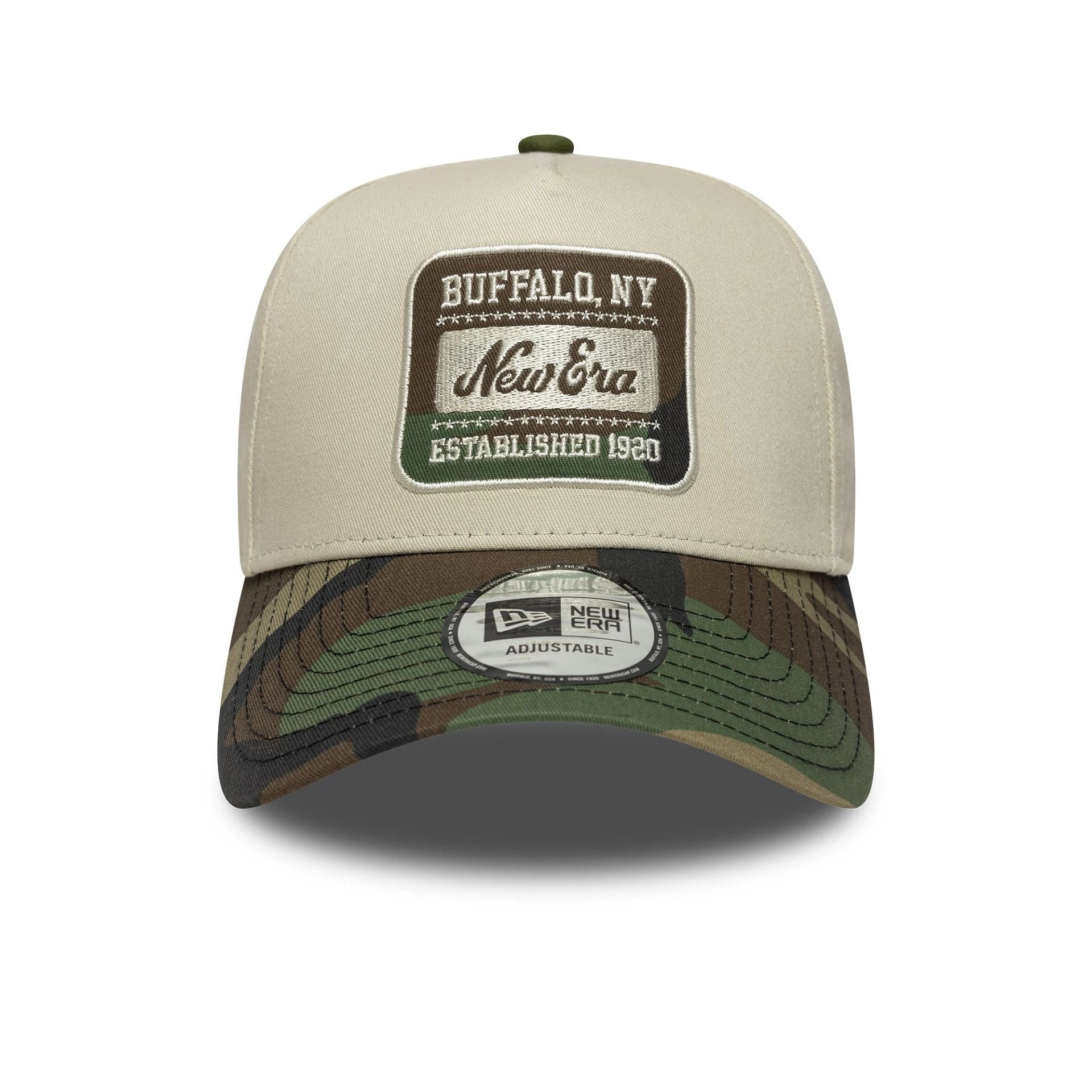 This is a New Era Camo Patch Cream 9FORTY E-Frame Adjustable Cap 2