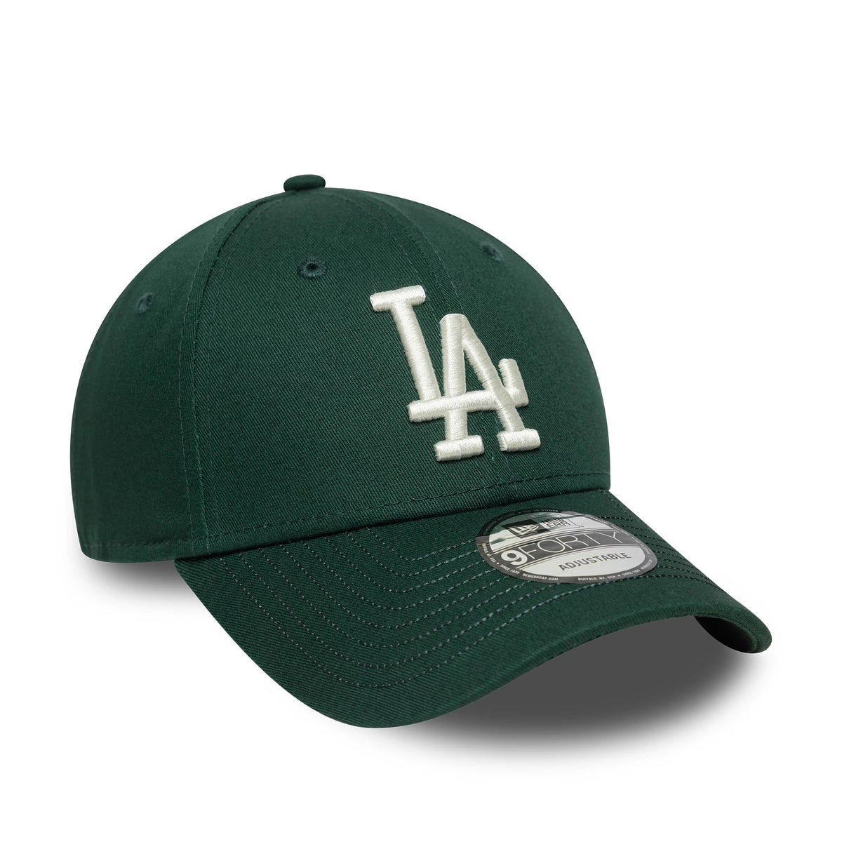 LA Dodgers MLB Visor Script Dark Green New Era 9FORTY Adjustable Cap, three-quarter view showing a white embroidered LA logo on the front panel, complemented by a curved dark green visor and a 9FORTY size sticker.