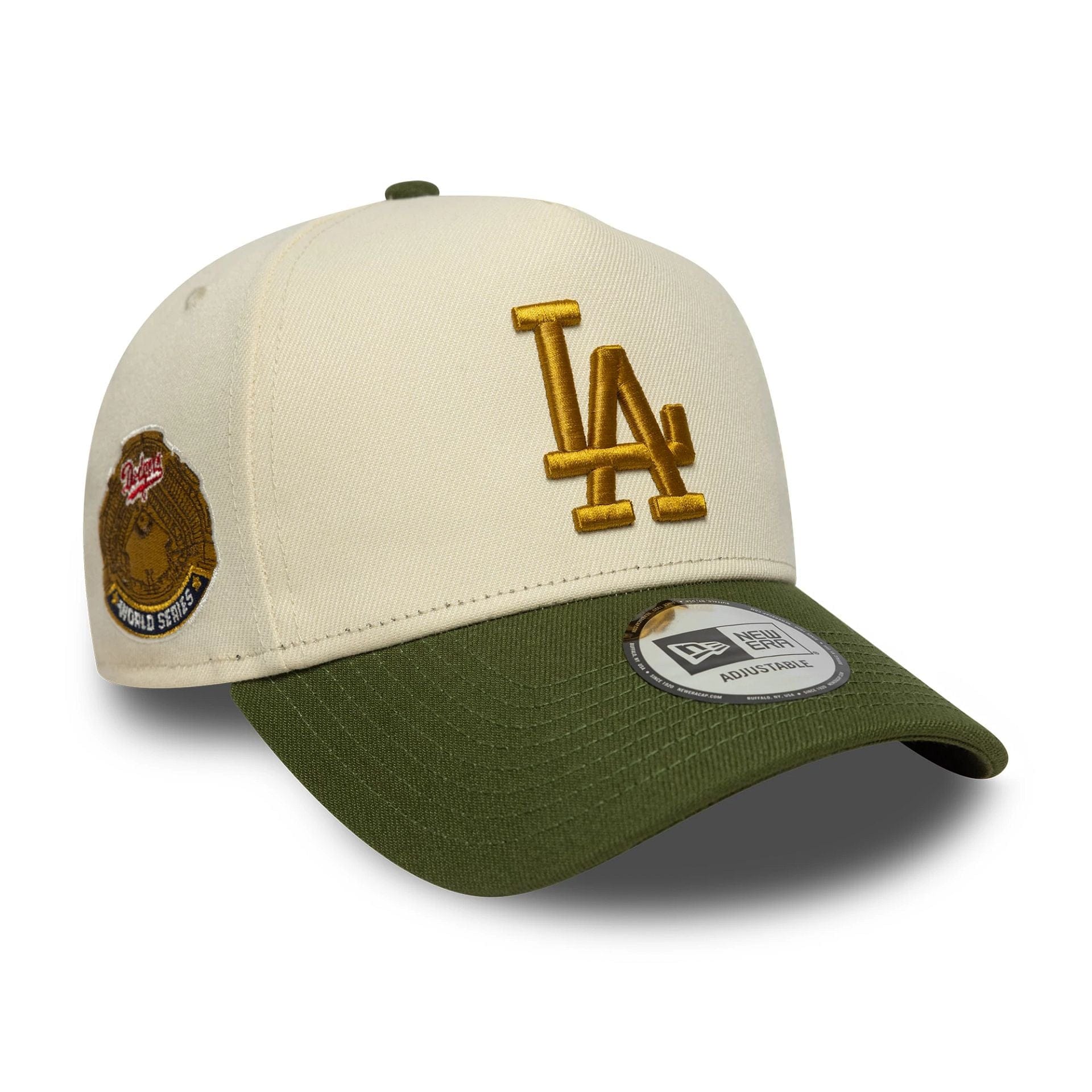 This is a LA Dodgers MLB World Series Patch Cream 9FORTY E-Frame Adjustable Cap 1