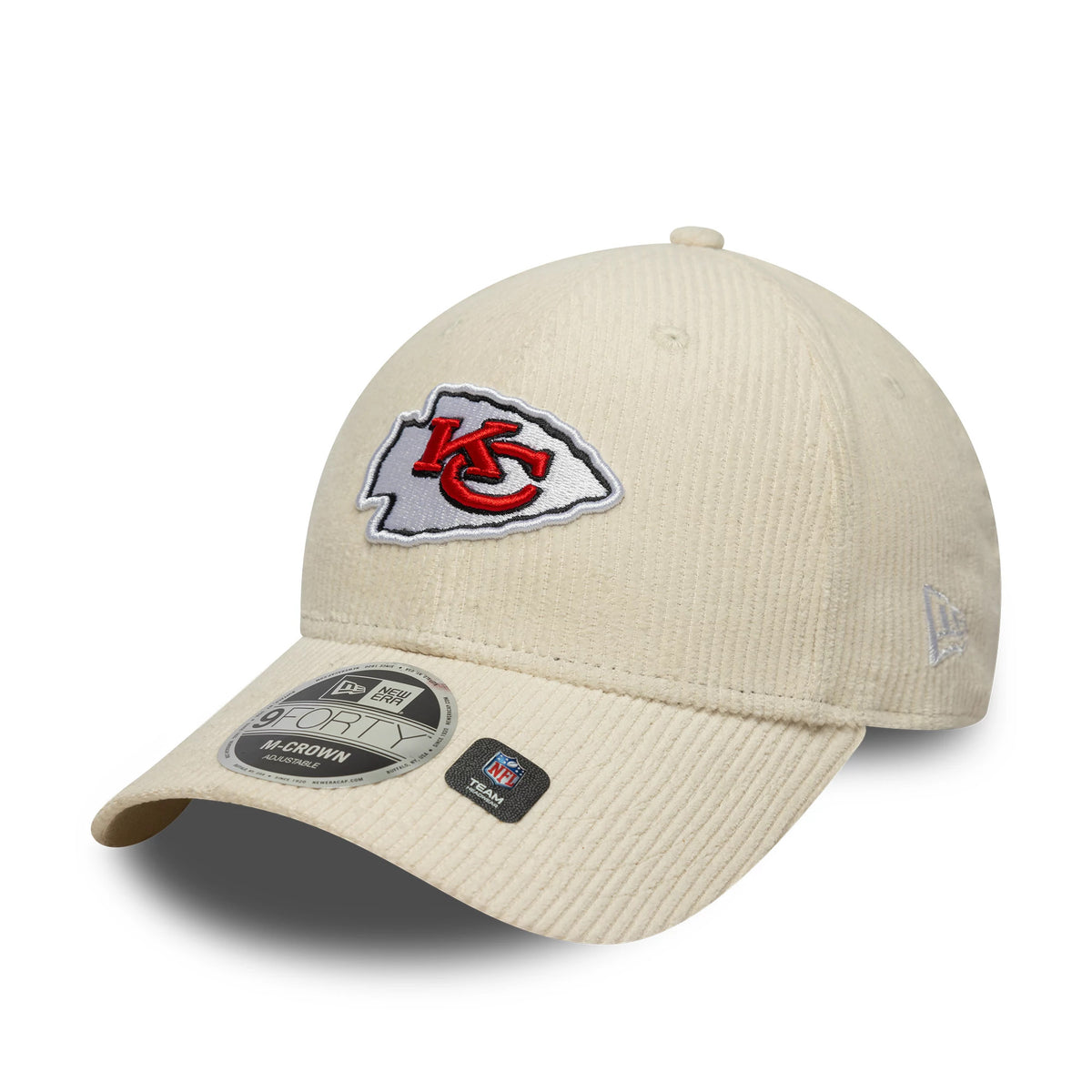 Kansas City Chiefs NFL Cord Cream New Era 9FORTY M-Crown Adjustable Cap, three-quarter view showing the red and white team logo on the structured cream corduroy crown, with a 9FORTY size sticker on the curved visor.
