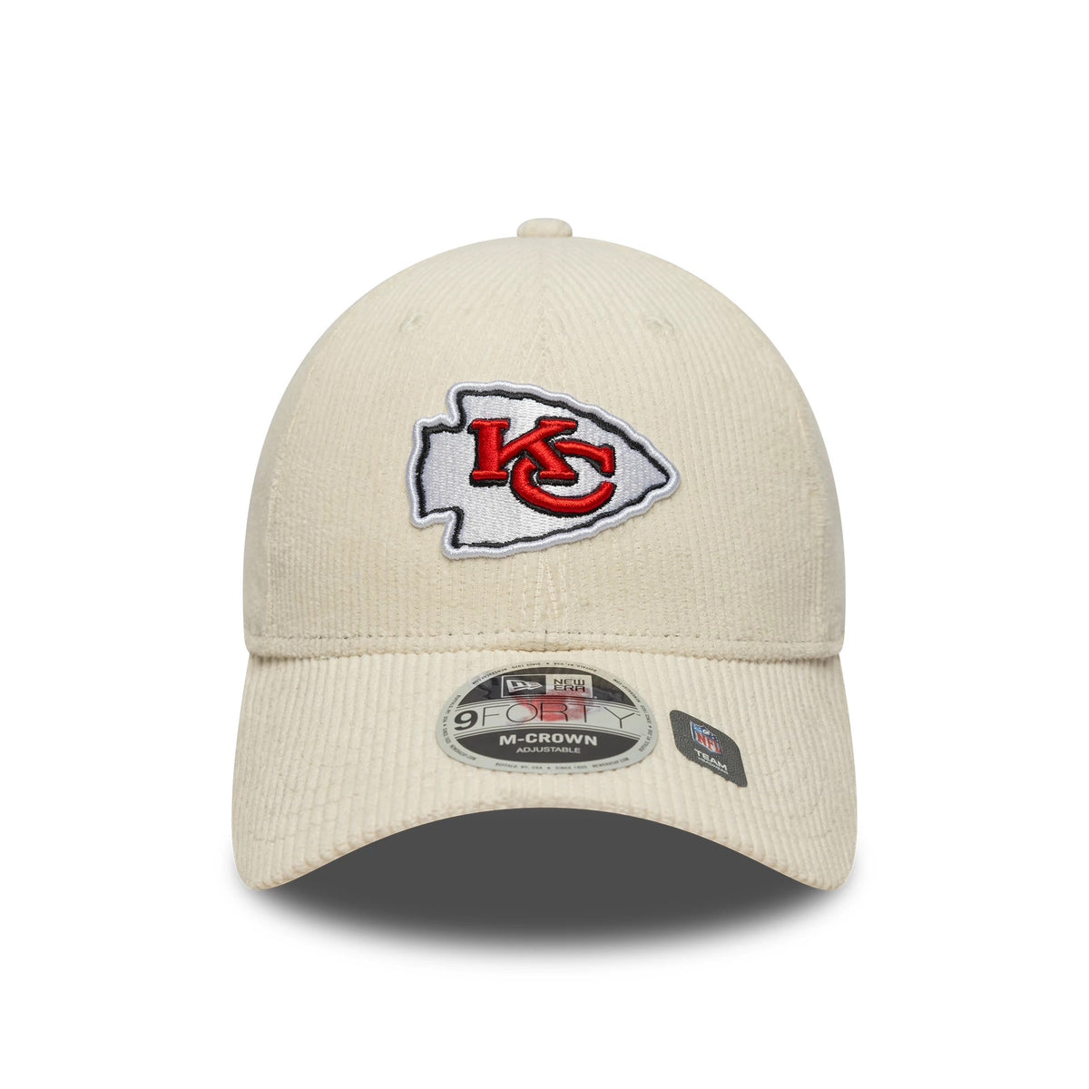 Kansas City Chiefs NFL Cord Cream New Era 9FORTY M-Crown Adjustable Cap, front view showing the red and white embroidered team logo on the front panel, curved cream visor, and 9FORTY size sticker on the visor.