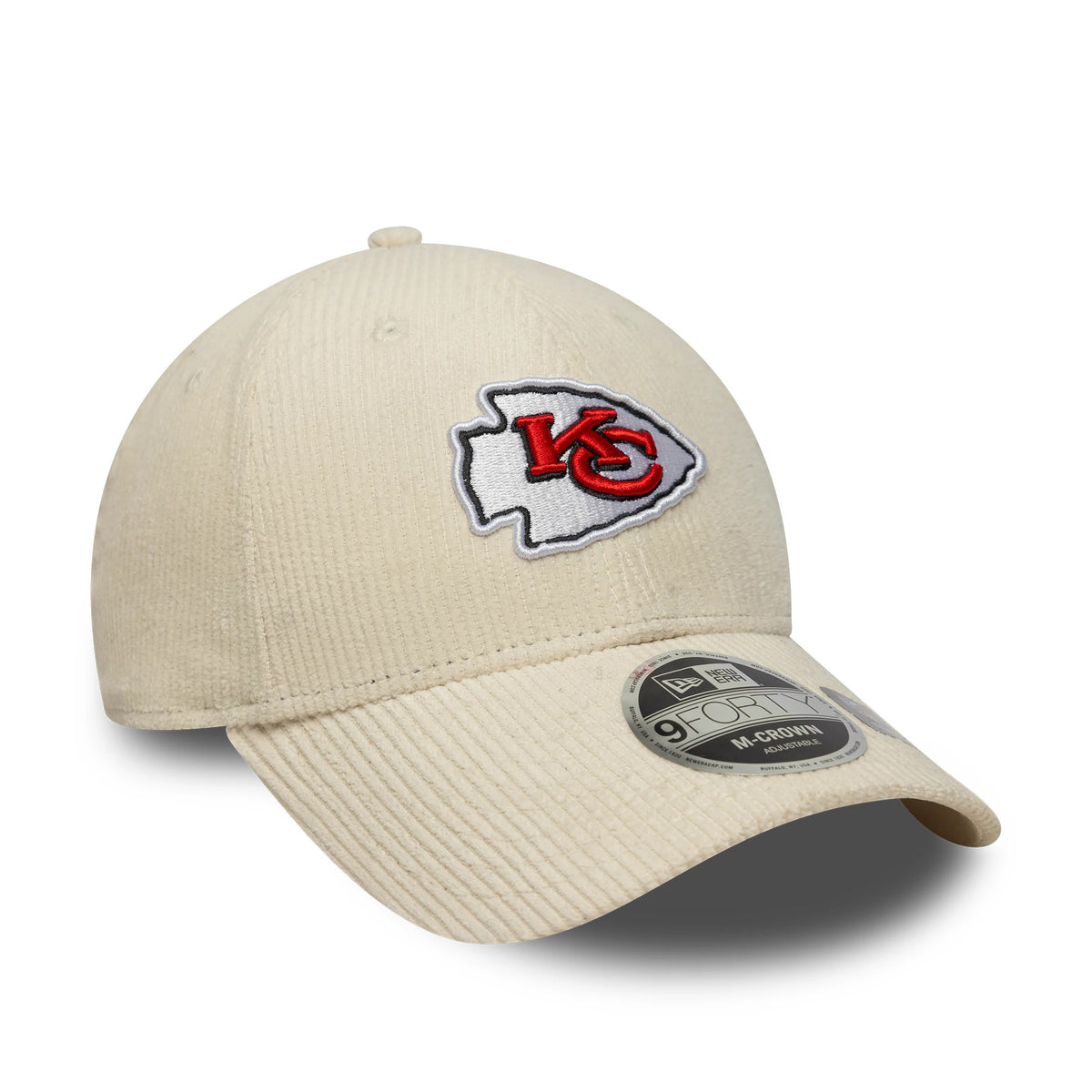 Kansas City Chiefs NFL Cord Cream New Era 9FORTY M-Crown Adjustable Cap, three-quarter view showing the red and white embroidered team logo on the front cream corduroy panel, cream curved visor, and 9FORTY size sticker.