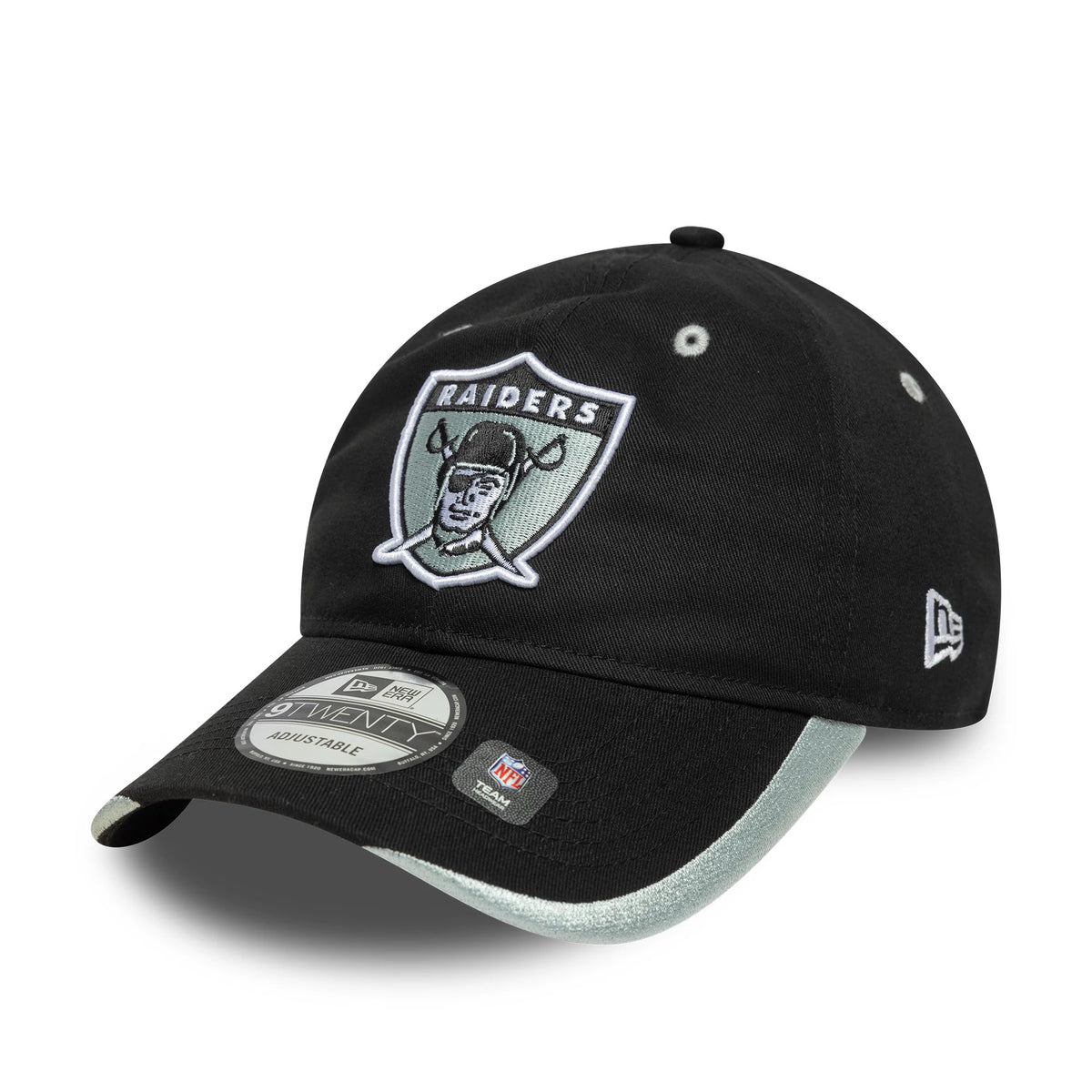Las Vegas Raiders NFL Black New Era 9TWENTY Adjustable Cap, three-quarter view showing the black and white Raiders logo in raised embroidery on the front panel, with a curved visor and a 9TWENTY size sticker.