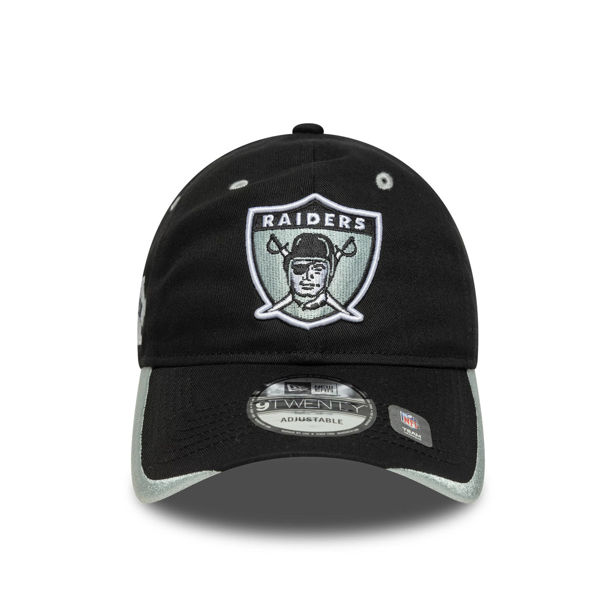 Las Vegas Raiders NFL Black New Era 9TWENTY Adjustable Cap, front view showing the raised silver and black embroidered Raiders logo on the front panel with a curved black visor and 9TWENTY size sticker.