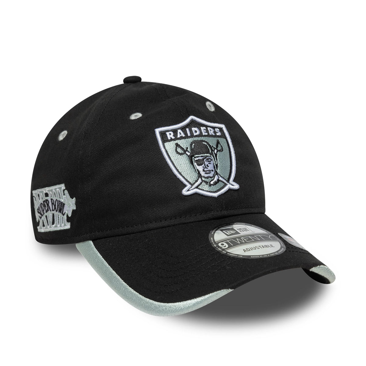 Las Vegas Raiders NFL Black New Era 9TWENTY Adjustable Cap, three-quarter view showing the raised Raiders logo in silver and black on the front panel, with a grey undervisor and 9TWENTY size sticker on the curved visor.