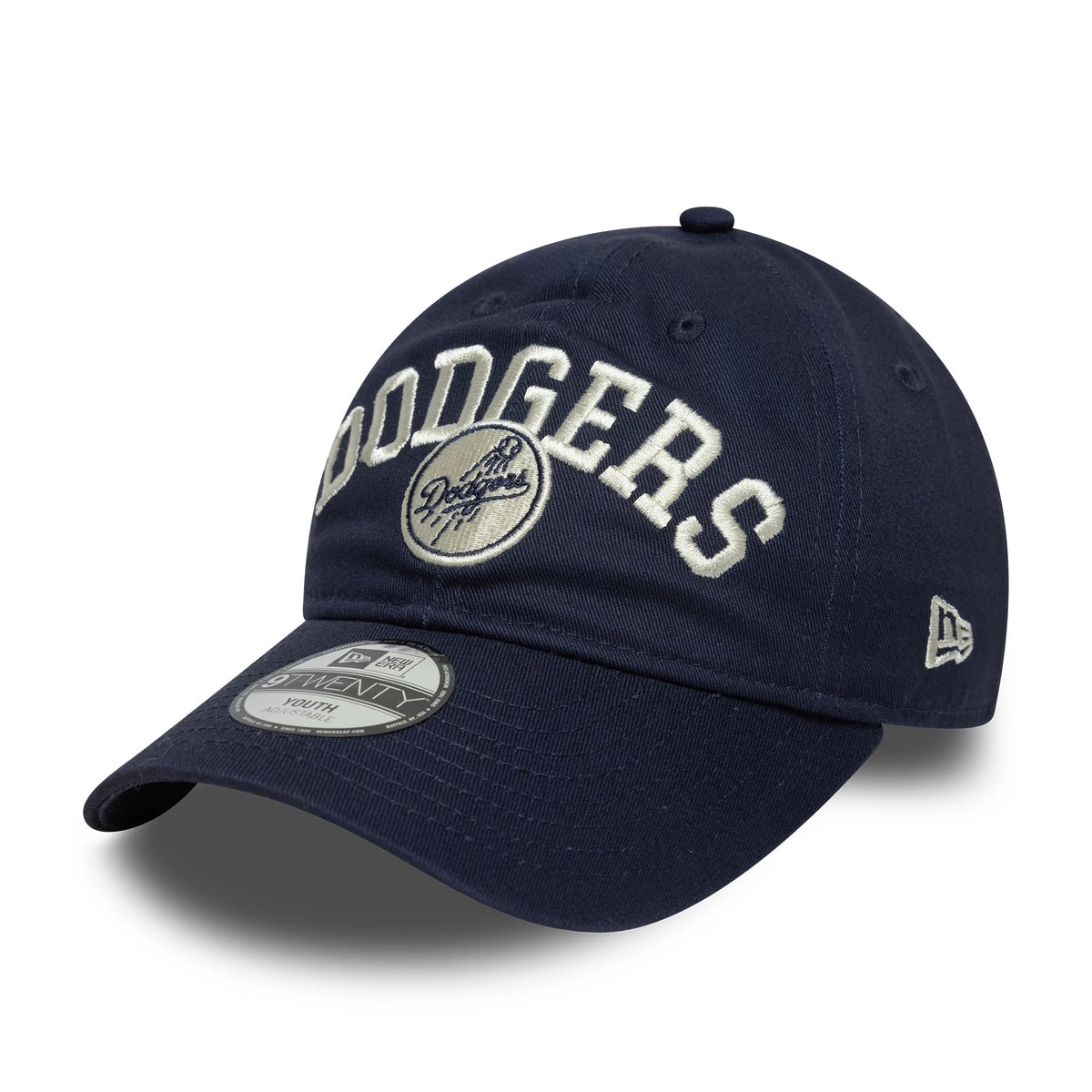 LA Dodgers Youth MLB College Navy New Era 9TWENTY Adjustable Cap, three-quarter view showing the raised white Dodgers logo on the front panel, curved navy visor with a 9TWENTY size sticker, and embroidered New Era flag logo on the left side.