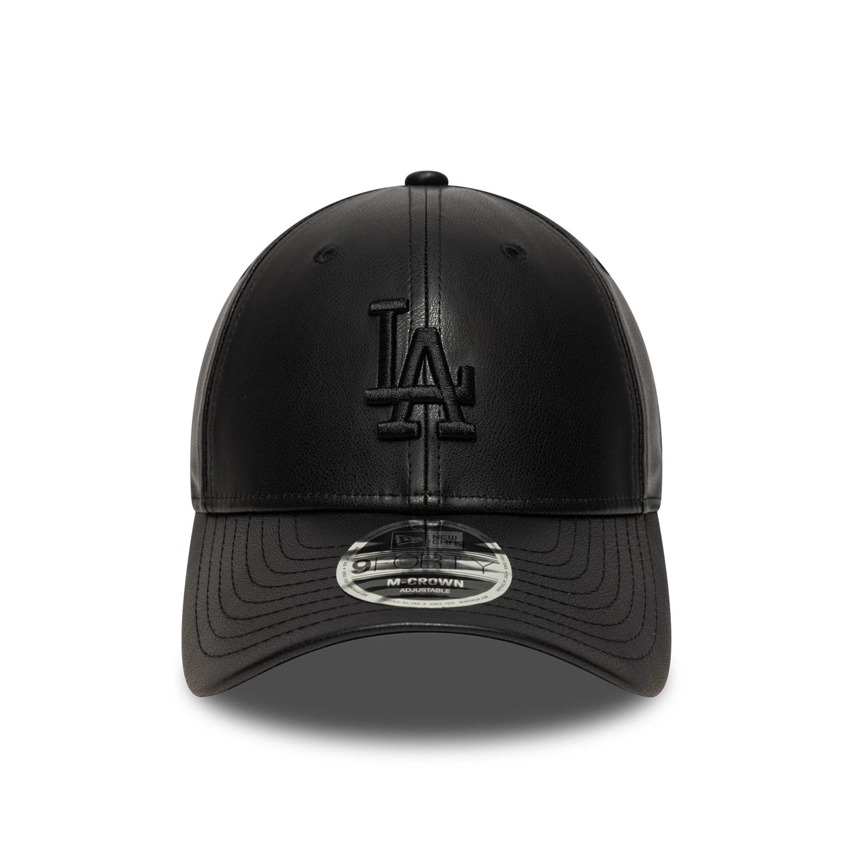 LA Dodgers MLB PU Black New Era 9FORTY M-Crown Adjustable Cap, front view showing the black raised embroidered LA logo on the structured crown, with a curved black visor and a 9FORTY size sticker on the visor.