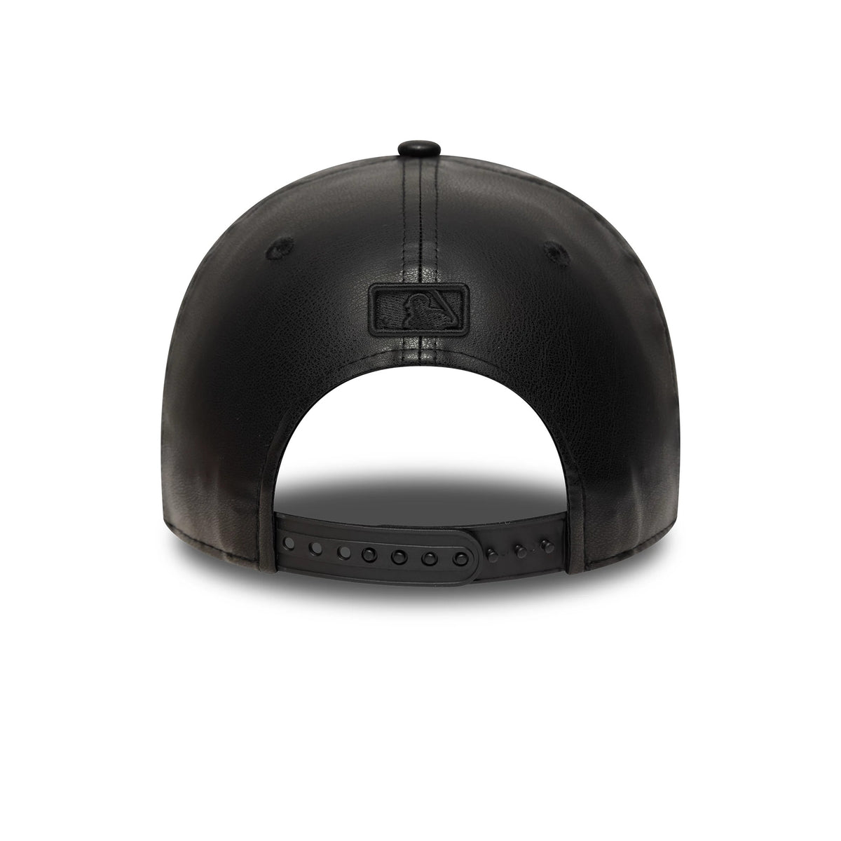 LA Dodgers MLB PU Black New Era 9FORTY M-Crown Adjustable Cap, rear view showing the black embossed MLB Batterman logo at the centre of the back panels, with a curved black adjustable snap closure at the base.