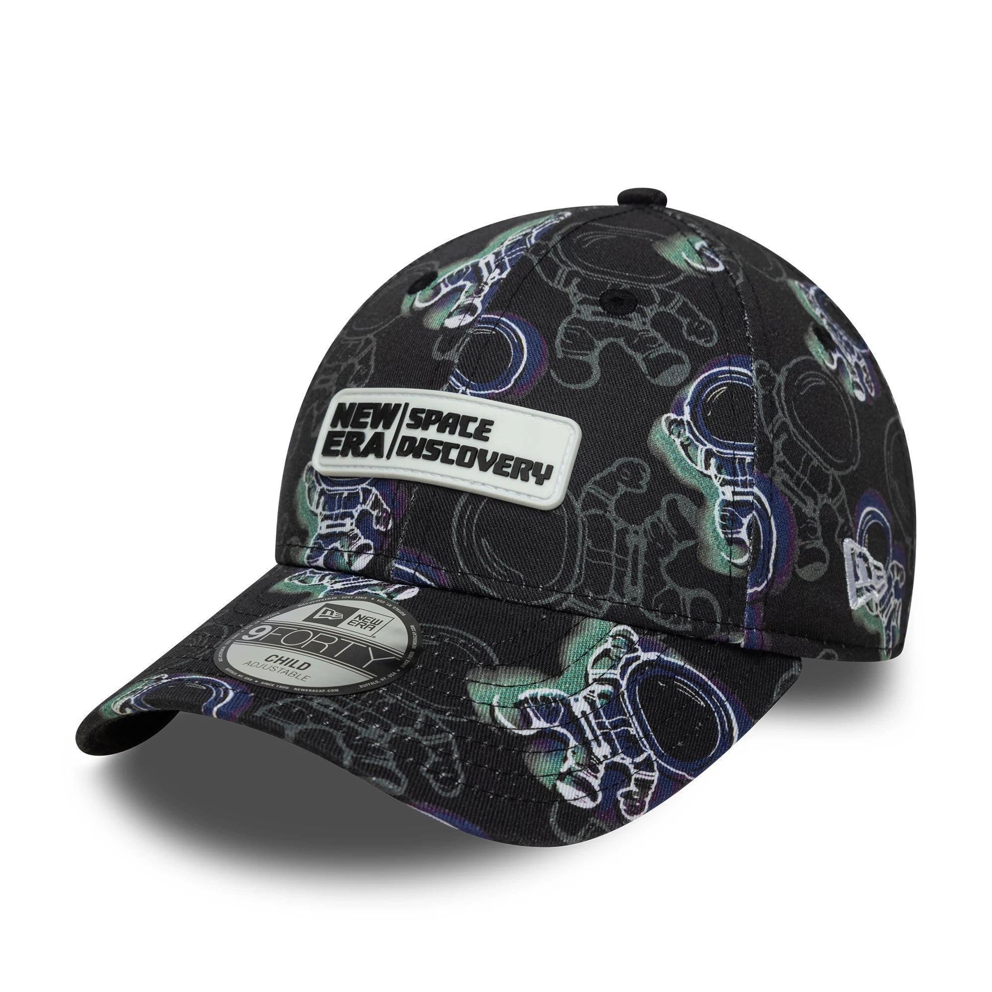 This is a Child New Era Space All Over Print Black 9FORTY Adjustable Cap 1