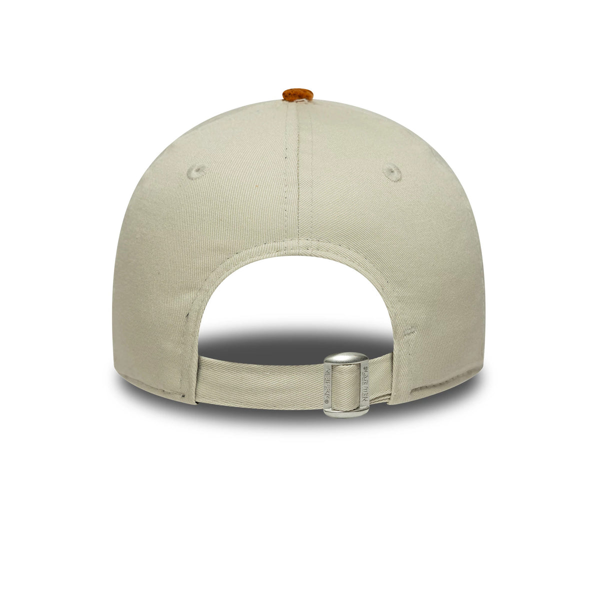 Child New Era Outdoor Cream 9FORTY Adjustable Cap, rear view showing the cream fabric strap with buckle for size adjustment, cream eyelets and a brown top button on the structured crown.