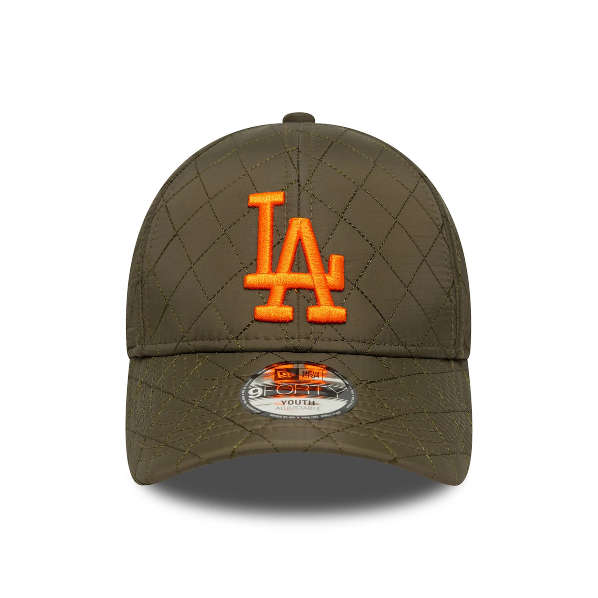 New York Yankees Youth MLB Quilted Dark Green New Era 9FORTY Adjustable Cap, front view with an orange LA logo in raised embroidery on the quilted crown, dark green curved visor and 9FORTY size sticker.