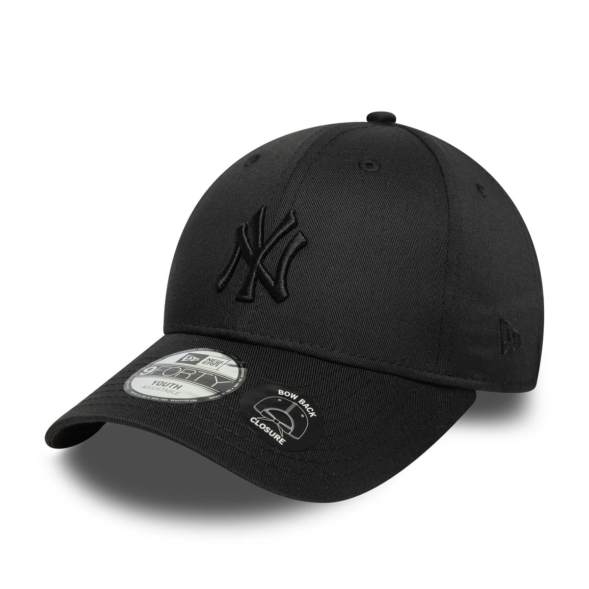 New York Yankees Youth MLB Bow Back Black New Era 9FORTY Adjustable Cap, three-quarter view showing the raised black embroidered NY logo on the front panel, a curved black visor with a 9FORTY size sticker, and a New Era flag logo on the left side.
