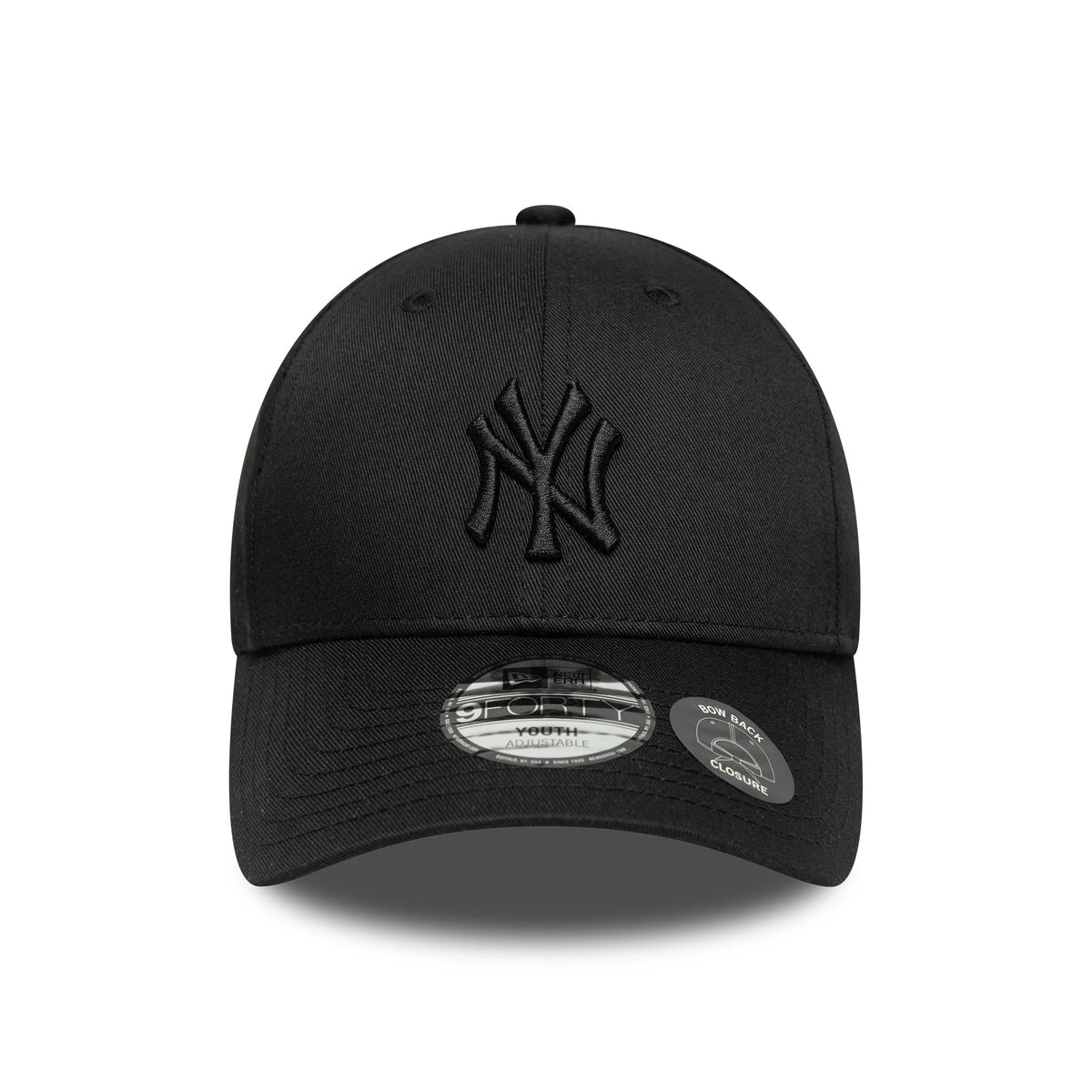 New York Yankees Youth MLB Bow Back Black New Era 9FORTY Adjustable Cap, front view showing the black raised embroidered NY logo on the structured crown, with a curved visor featuring a 9FORTY size sticker.