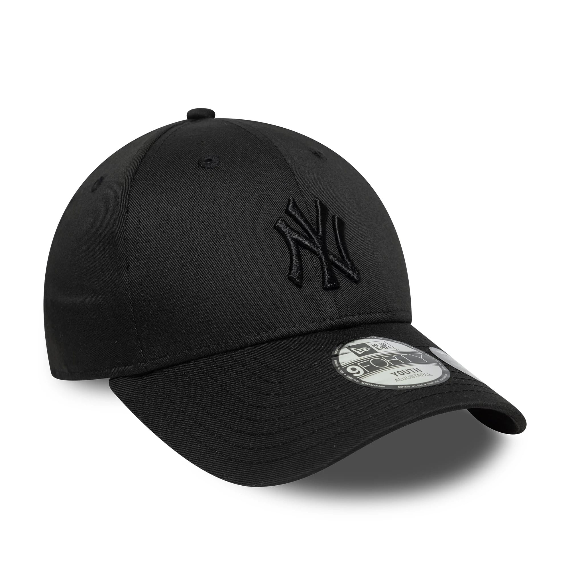 New York Yankees Youth MLB Bow Back Black New Era 9FORTY Adjustable Cap, three-quarter view showing the black raised embroidered NY logo on the front panel, curved visor and 9FORTY size sticker on the black visor.