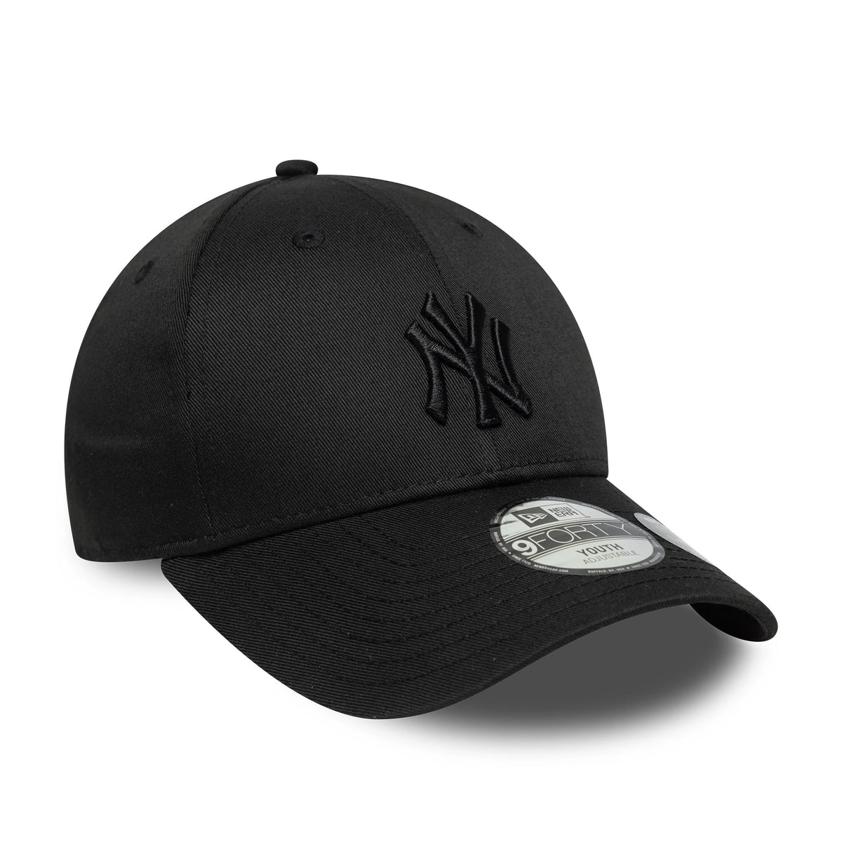 New York Yankees Youth MLB Bow Back Black New Era 9FORTY Adjustable Cap, three-quarter view showing the black raised embroidered NY logo on the front panel, curved visor and 9FORTY size sticker on the black visor.
