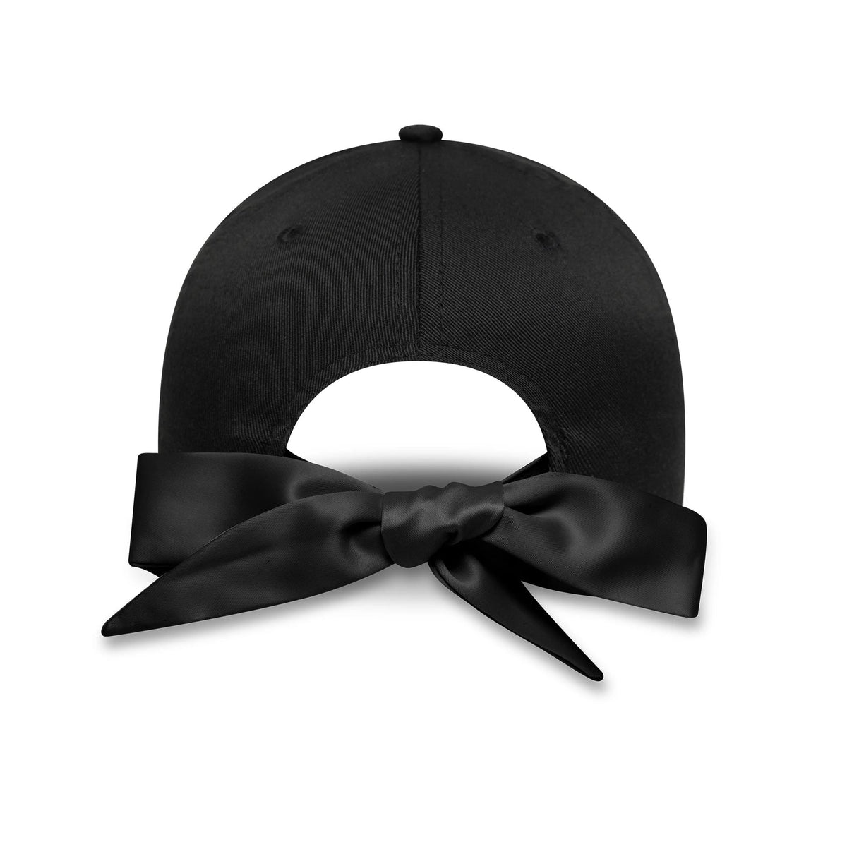 New York Yankees Youth MLB Bow Back Black New Era 9FORTY Adjustable Cap, rear view showing a large black satin bow tied across the opening above the adjustable strap, adding a touch to the structured black crown.