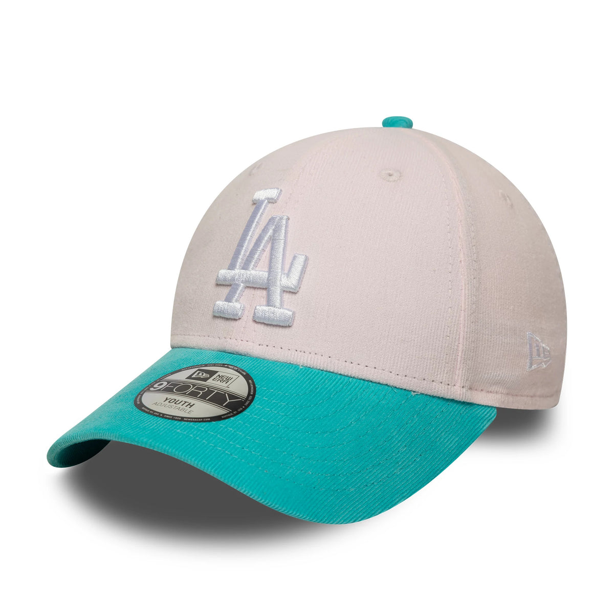 LA Dodgers Youth MLB Cord Pastel Pink New Era 9FORTY Adjustable Cap, front view showing white embroidered LA logo on the pastel pink crown, teal visor with 9FORTY size sticker, and New Era flag logo on the left side.