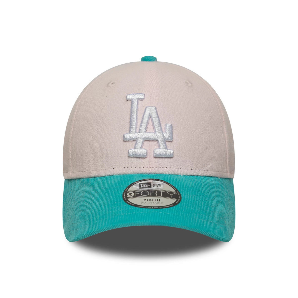 LA Dodgers Youth MLB Cord Pastel Pink New Era 9FORTY Adjustable Cap, front view showing raised white LA embroidery on the pink crown, with a contrast turquoise visor and black 9FORTY size sticker on the visor.