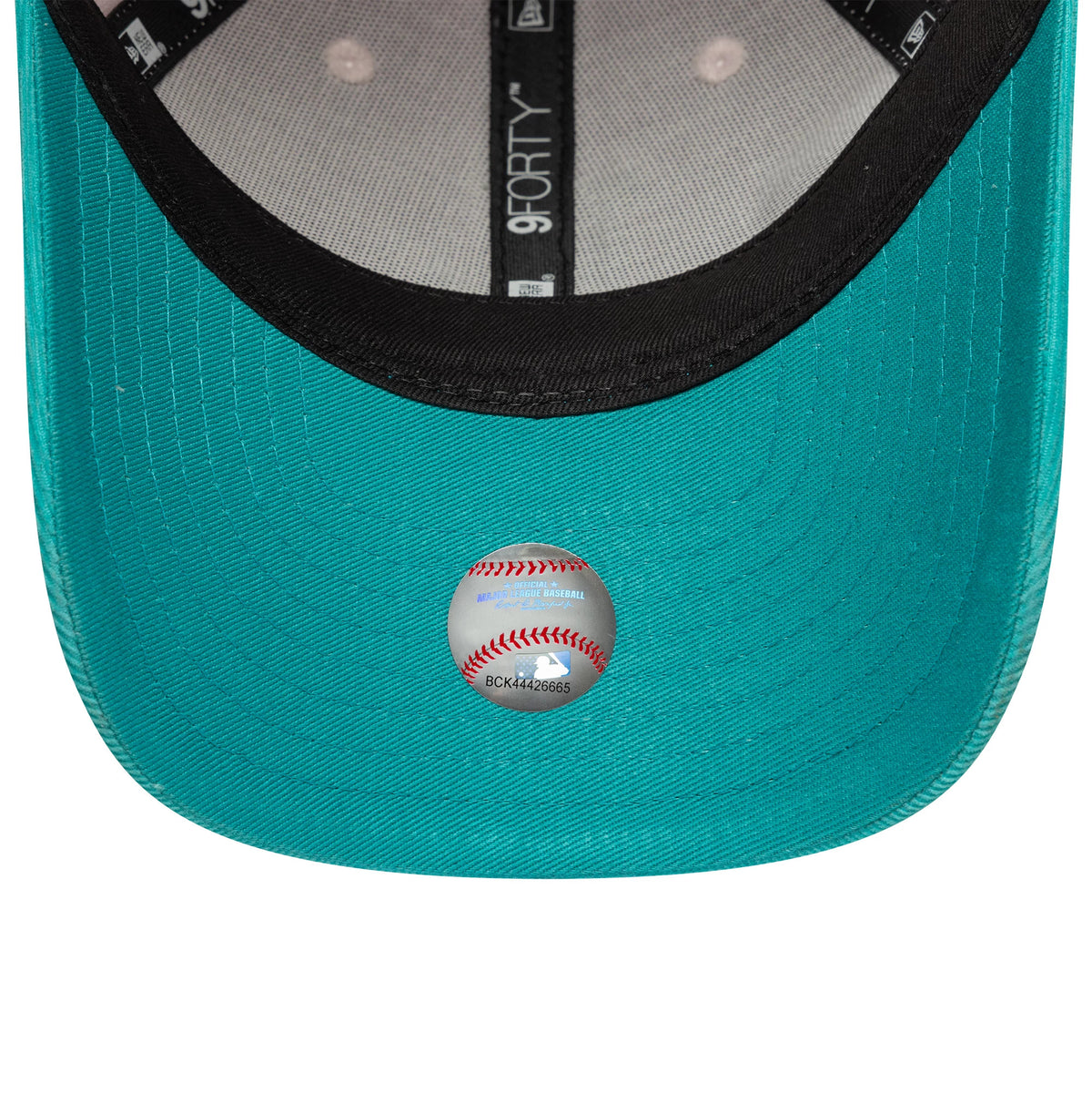 LA Dodgers Youth MLB Cord Pastel Pink New Era 9FORTY Adjustable Cap, inside view showing the black sweatband, grey interior taping with a 9FORTY label, and a baseball sticker on the teal undervisor.