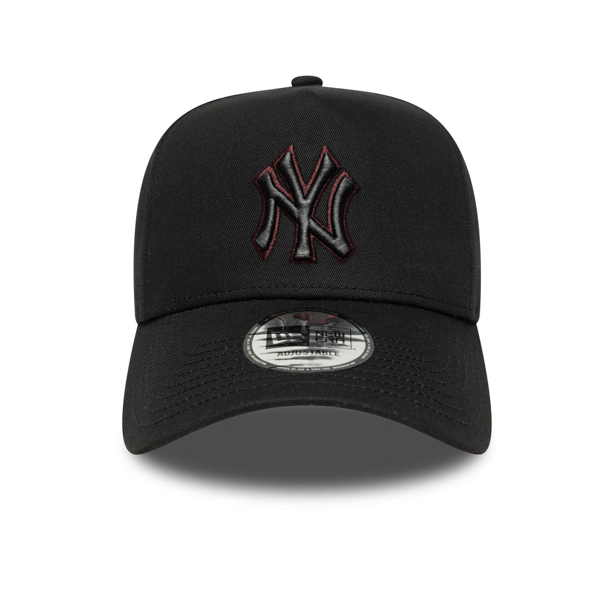 New York Yankees MLB Team Outline Black New Era 9FORTY E-Frame Adjustable Cap, front view showing a black raised embroidered NY logo with red outline on the structured black crown, featuring a 9FORTY size sticker on the curved black visor.