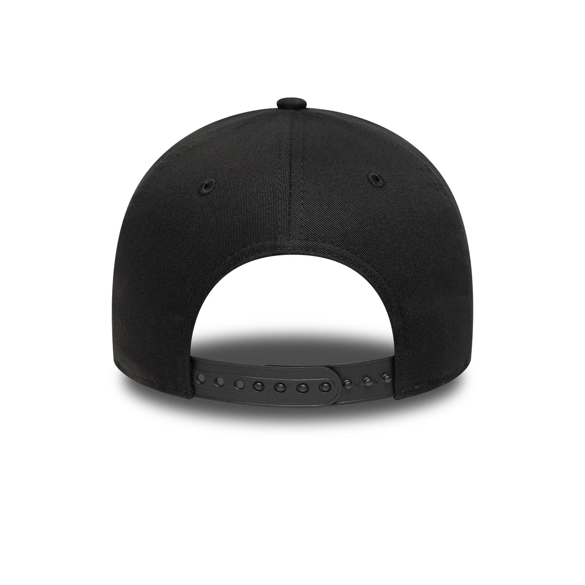 New York Yankees MLB Team Outline Black New Era 9FORTY E-Frame Adjustable Cap, rear view showing a solid black back with no logo and an adjustable strap closure, featuring matching black eyelets and top button on the structured crown.
