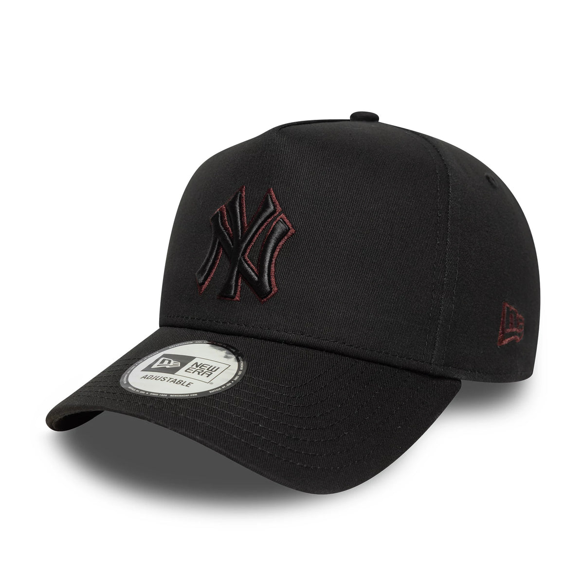 New York Yankees MLB Team Outline Black New Era 9FORTY E-Frame Adjustable Cap, three-quarter view showing the raised black and red embroidered NY logo on the front panel, with black curved visor and New Era flag logo in red on the left side.