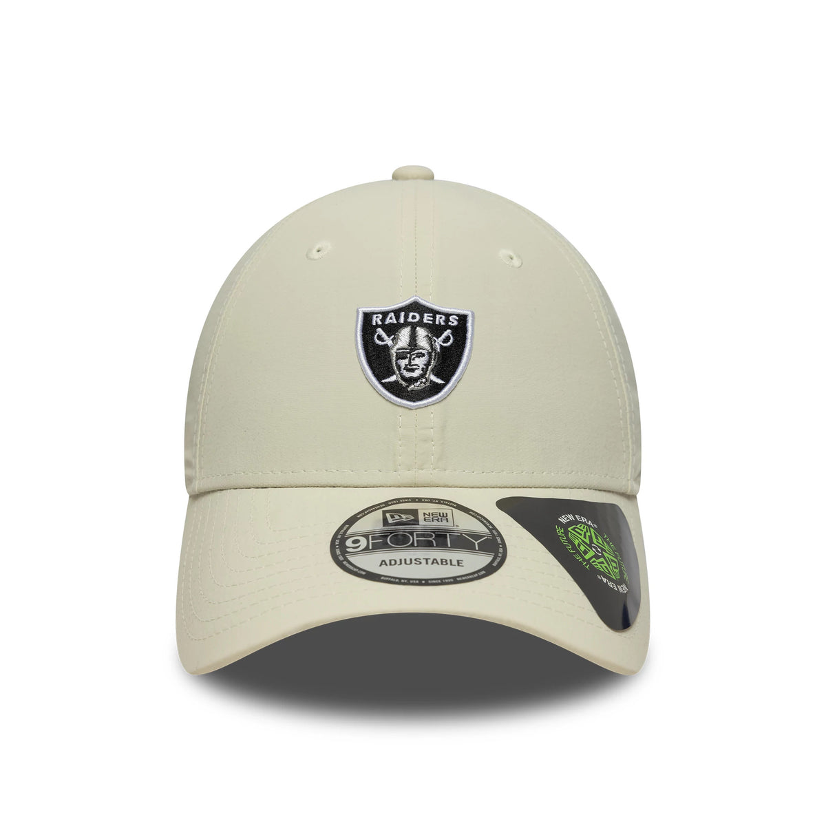 Las Vegas Raiders NFL Recycled Mini Cream New Era 9FORTY Adjustable Cap, front view showing the black and white embroidered Raiders shield logo on the cream crown, with a curved visor and 9FORTY size sticker.
