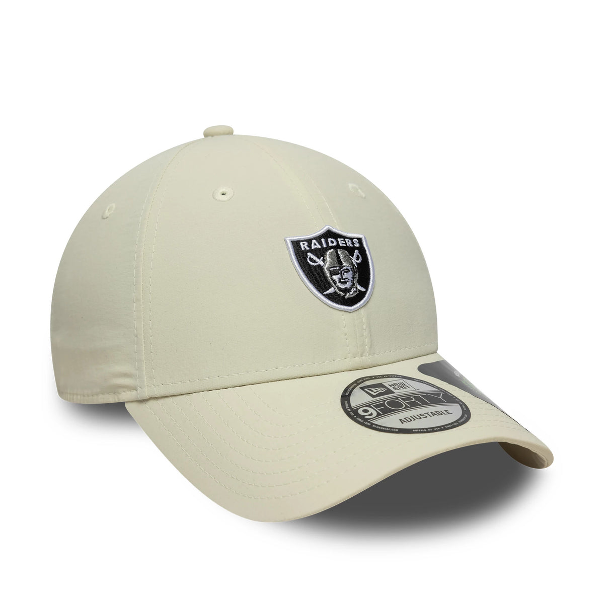 Las Vegas Raiders NFL Recycled Mini Cream New Era 9FORTY Adjustable Cap, front view showing the embroidered black and white Raiders logo on the front panel, a cream curved visor, and the 9FORTY size sticker.