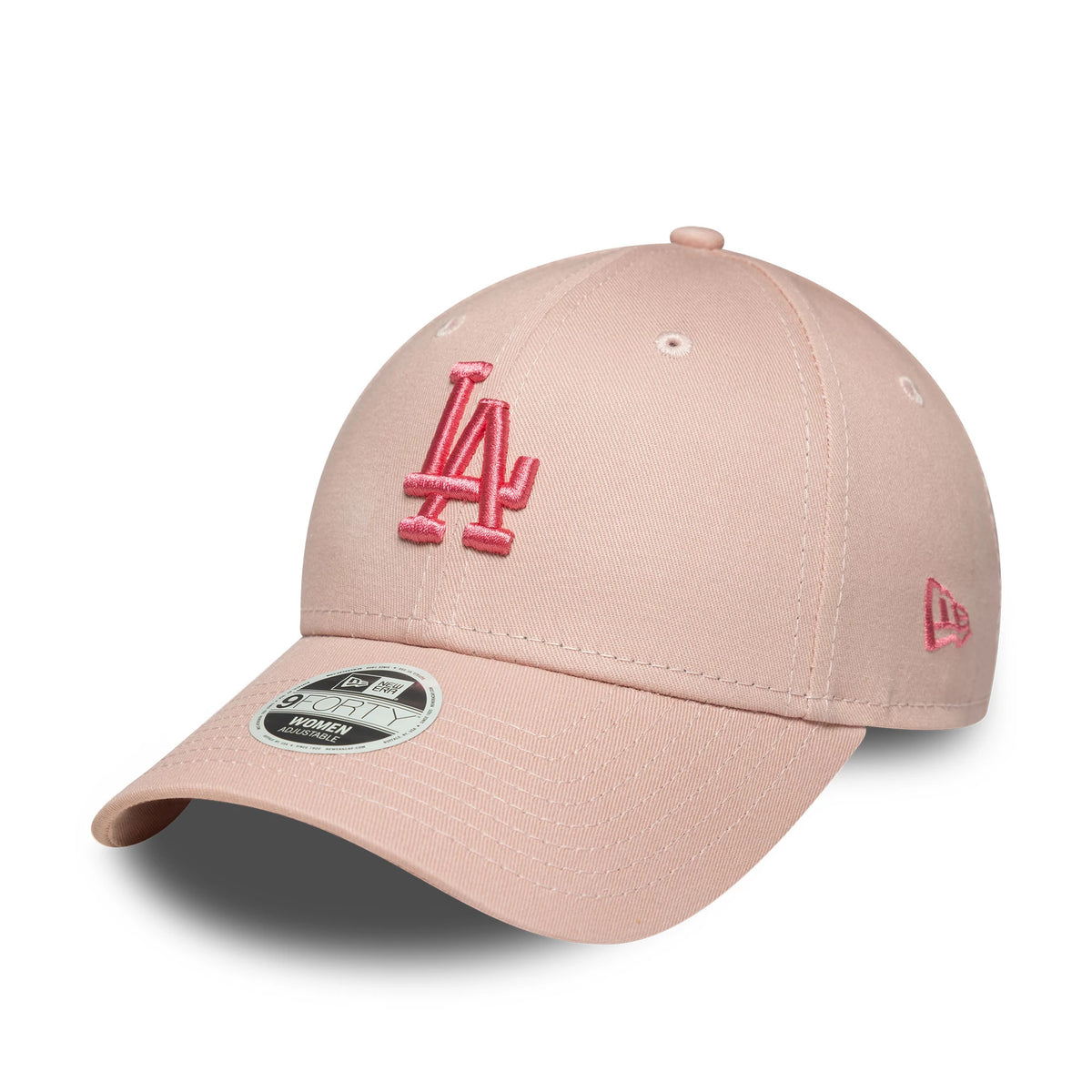 LA Dodgers Womens MLB League Essential Pastel Pink New Era 9FORTY Adjustable Cap, three-quarter view showing a pink embroidered LA logo on the front panel, curved pastel pink visor and 9FORTY size sticker on the top.