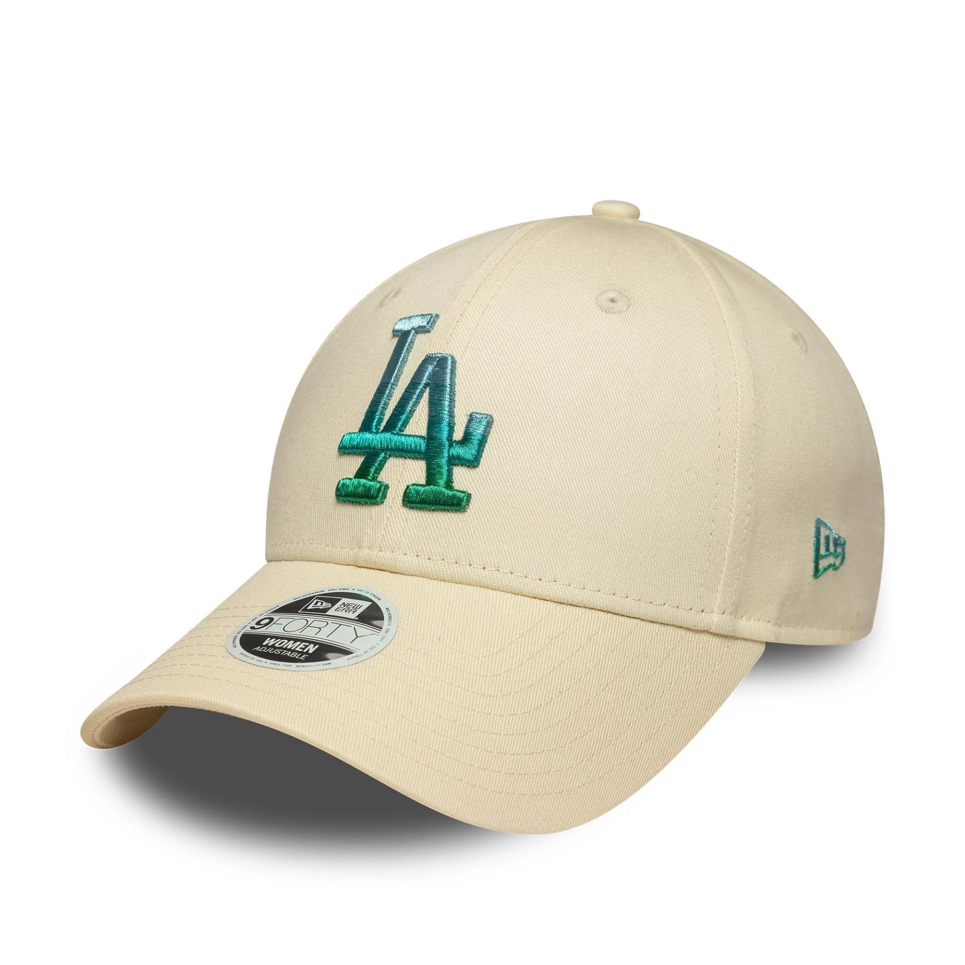 This is a LA Dodgers Womens MLB Metallic Logo Cream 9FORTY Adjustable Cap 1
