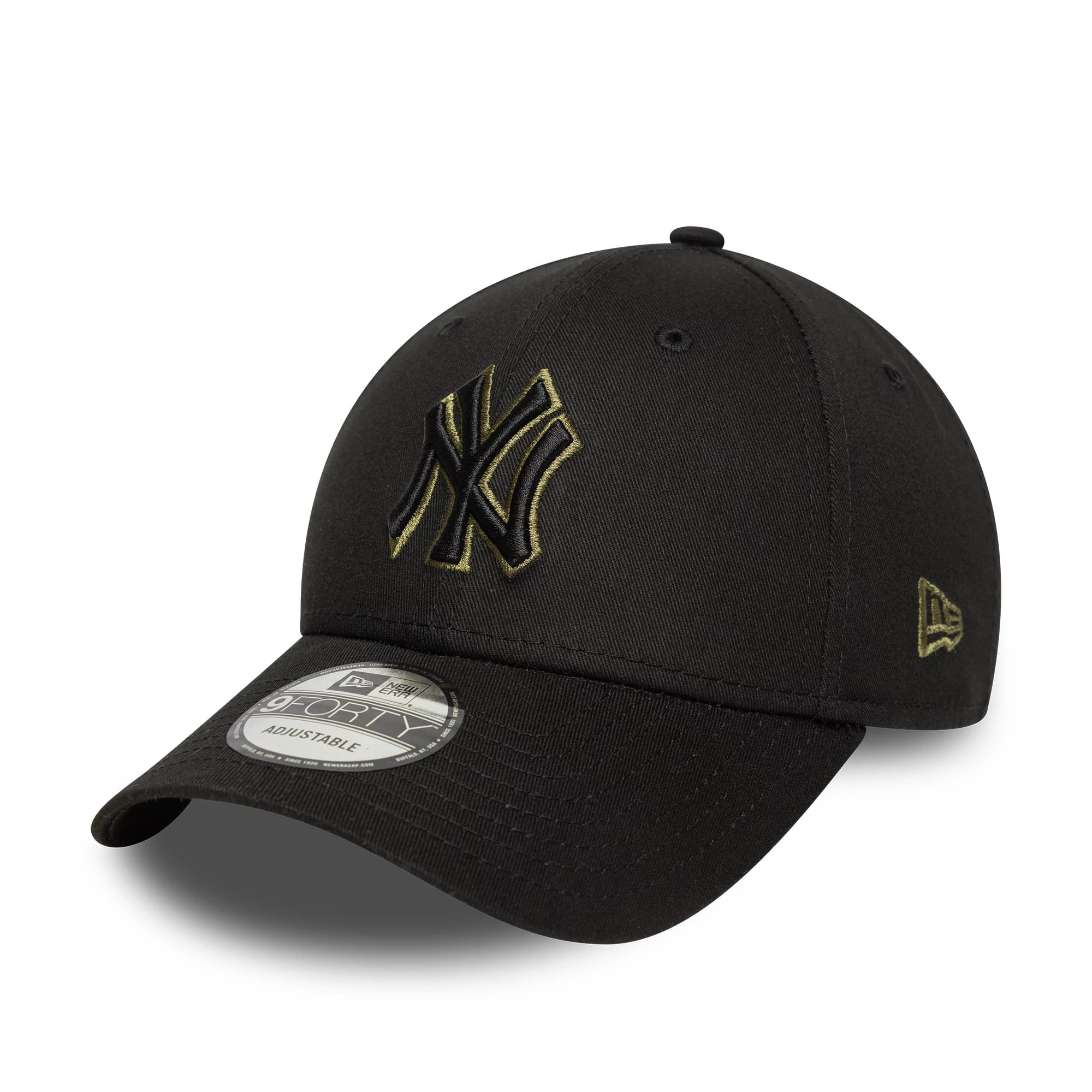 New York Yankees MLB Team Outline Black New Era 9FORTY Adjustable Cap, three-quarter view showing the black and gold raised embroidered Yankees logo on the front panel, curved black visor with 9FORTY size sticker.
